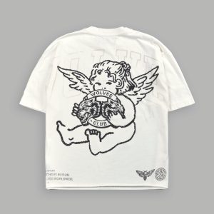 Wolves Club Cherub Grunge Mid Length Raw Hem Tee in Cream