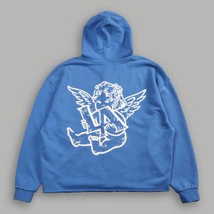 Los Cherub Distressed Grunge Mid Length Raw Hem Zip Hoodie in La Blue