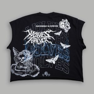 Work In Silence NFGU Grunge Cut-Off Mid Length Raw Hem Tee in Black