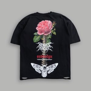 Mori Rose Distressed Grunge Tee in Black Drift Wash