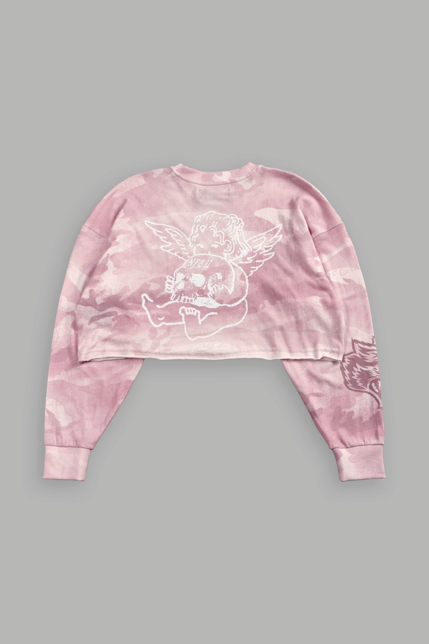 Cherub and the Skull Premium Oversized Cropped L/S Tee in Blush Vintage Woodland Camo - Image 8
