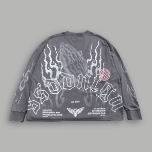 Our Sacrifice Grunge Mid Length Raw Hem LS Tee in Slate Gray