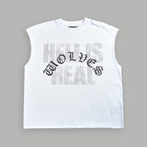 Hell is Real Distressed Grunge Mid-Length Raw Hem Muscle Tee in White
