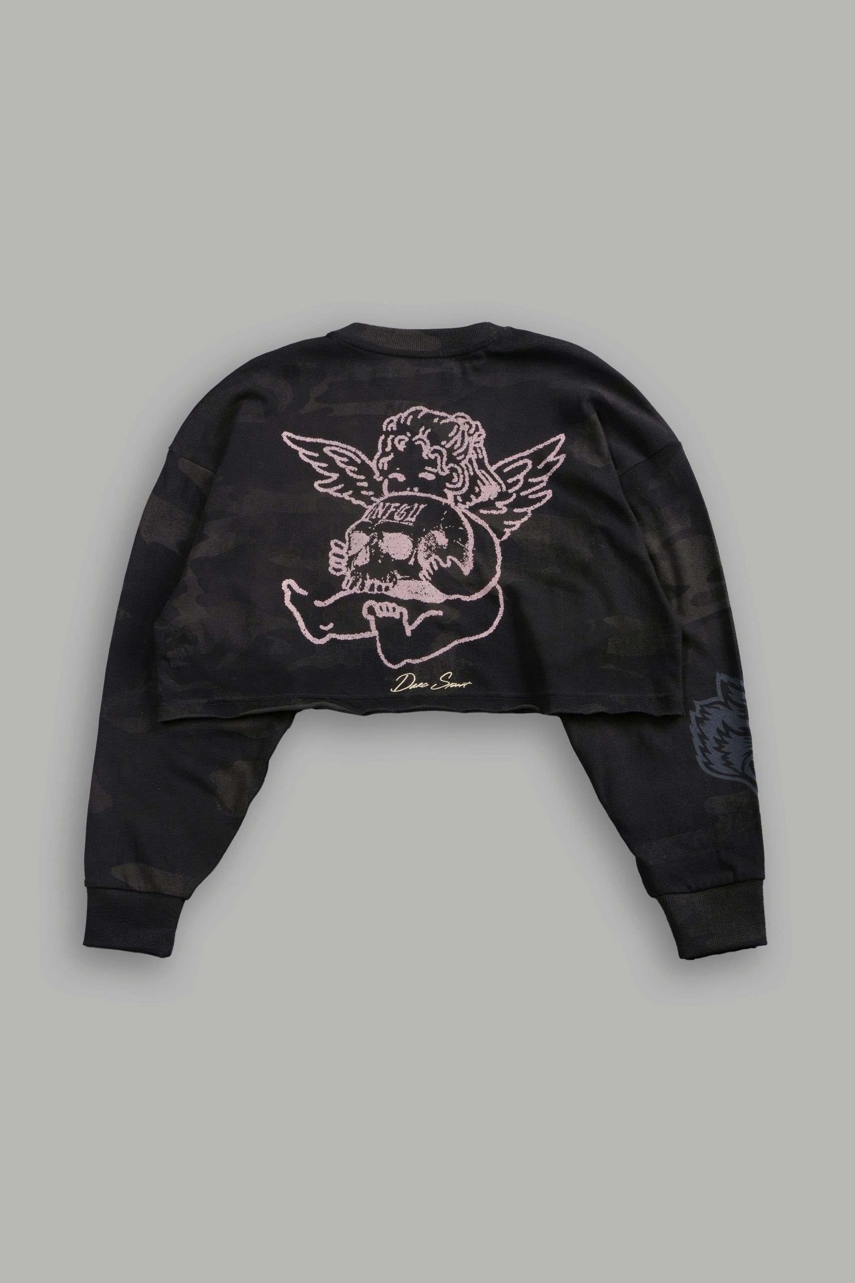 Cherub and the Skull Premium Oversized Cropped L/S Tee in Black Vintage Woodland Camo - Image 7