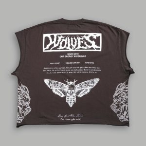 Death's-Head Grunge Cut-Off Mid Length Raw Hem Tee in Darc Brown Drift Wash
