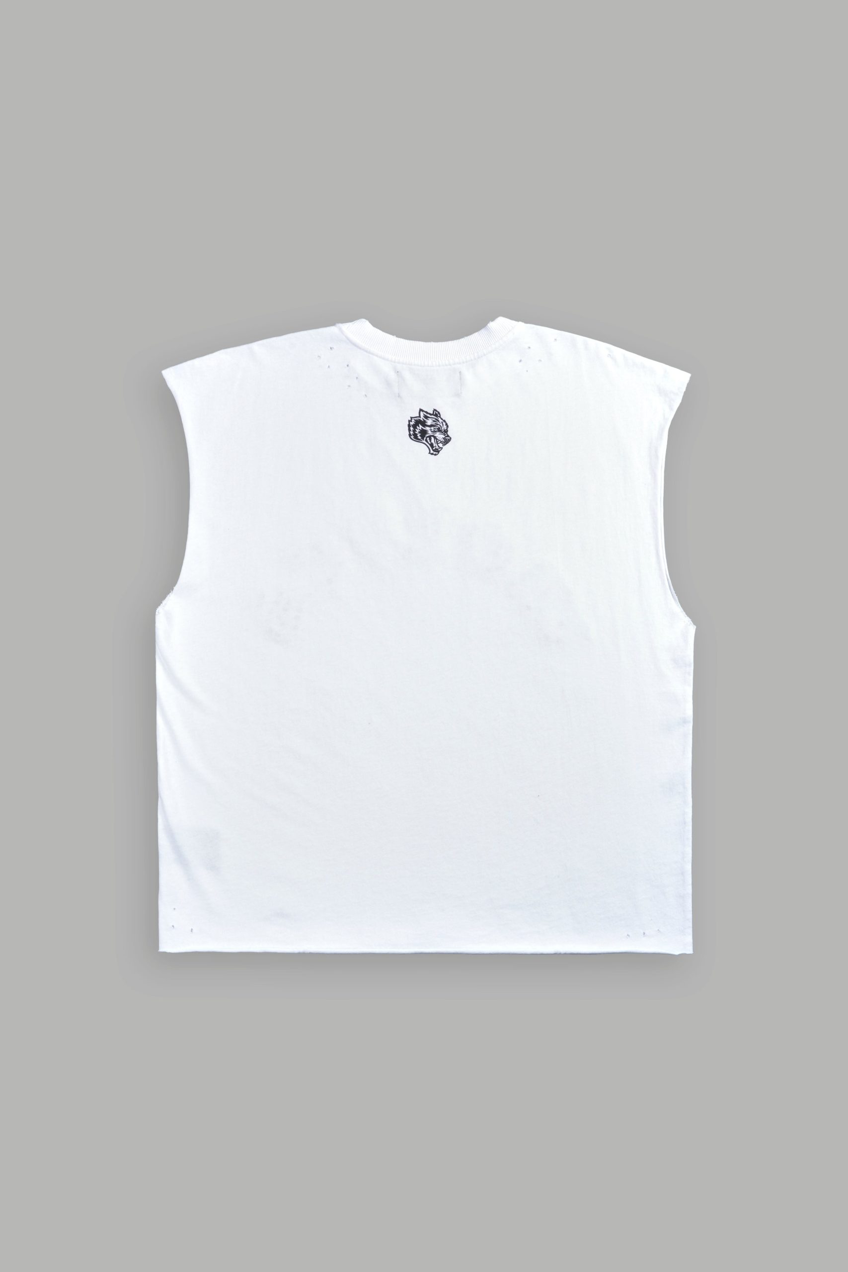 Hell is Real Distressed Grunge Mid-Length Raw Hem Muscle Tee in White - Image 3
