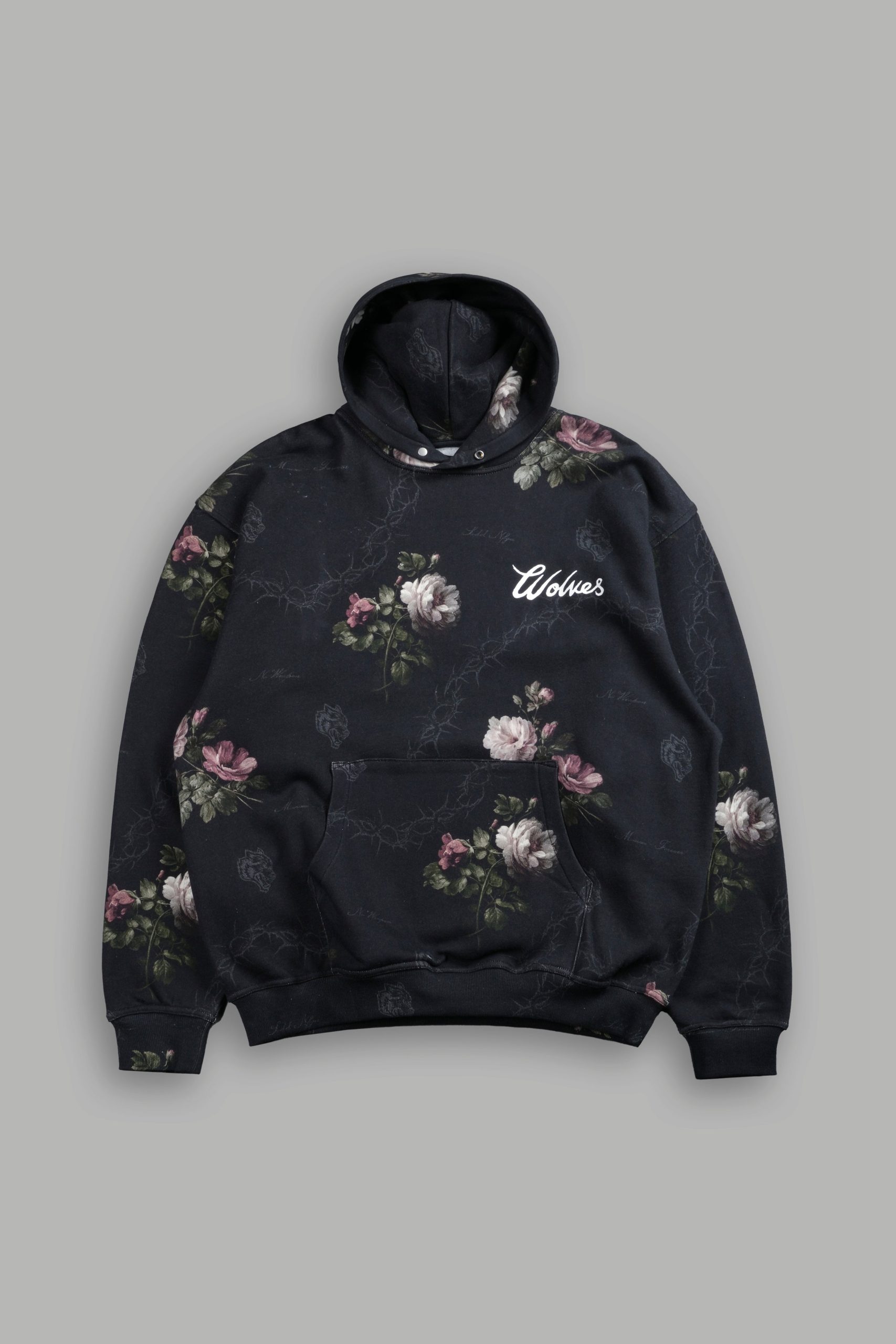 Wolves Script Pierce Hoodie in Black Rose Thorn
