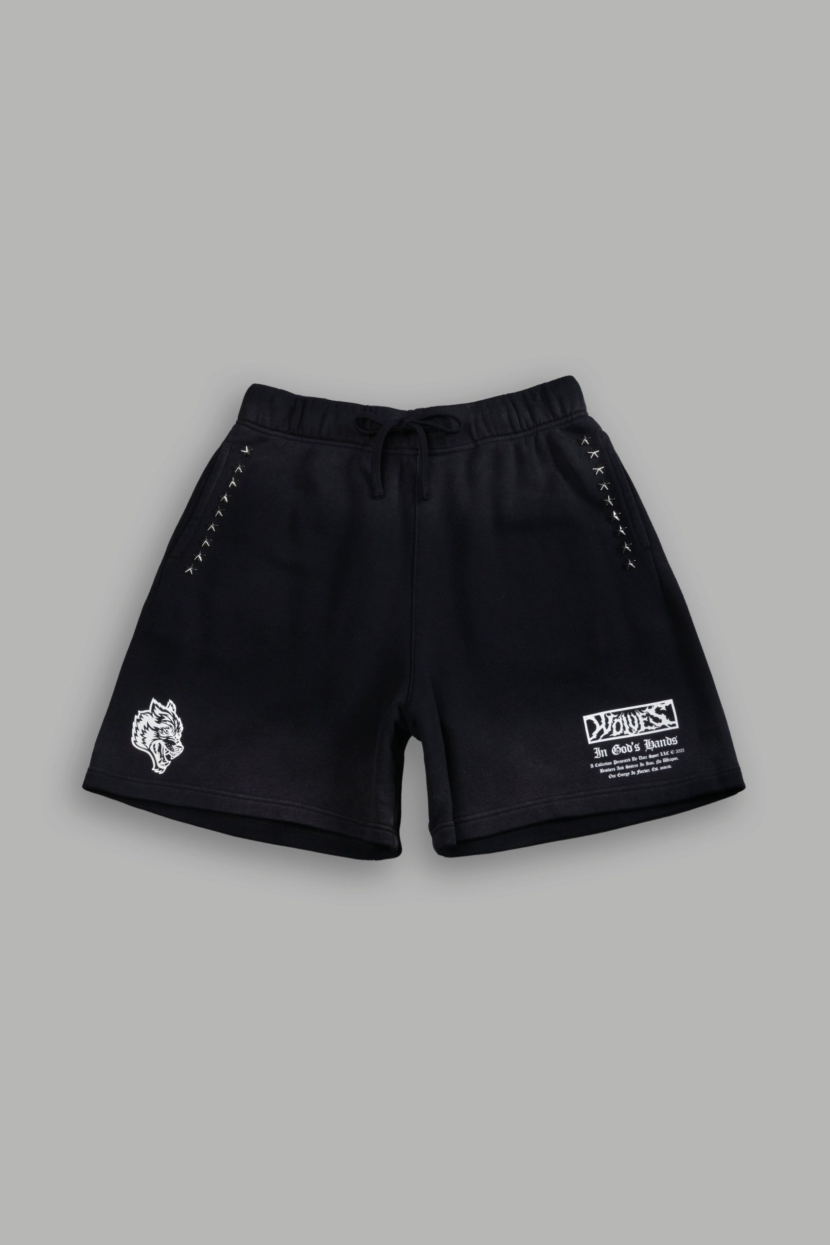 Studded Midnight Wolves Oversized Post Lounge Sweat Shorts in Black Drift Wash