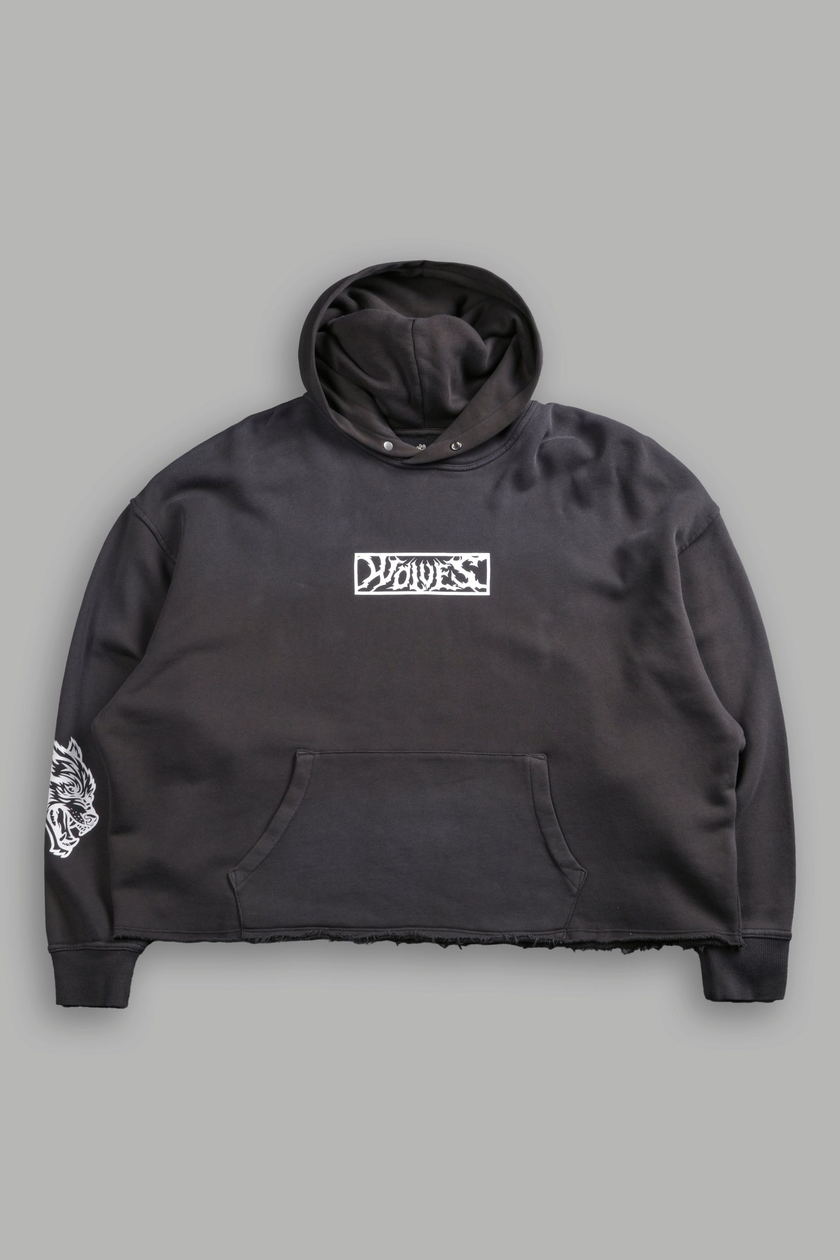 Midnight Wolves Raw Hem Box Cut Pierce Hoodie in Wolf Gray Drift Wash