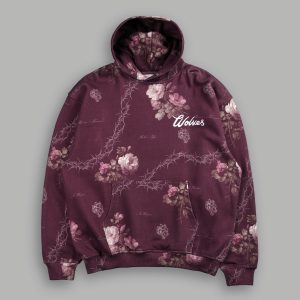 Wolves Script Pierce Hoodie in Cherry Wine Rose Thorn