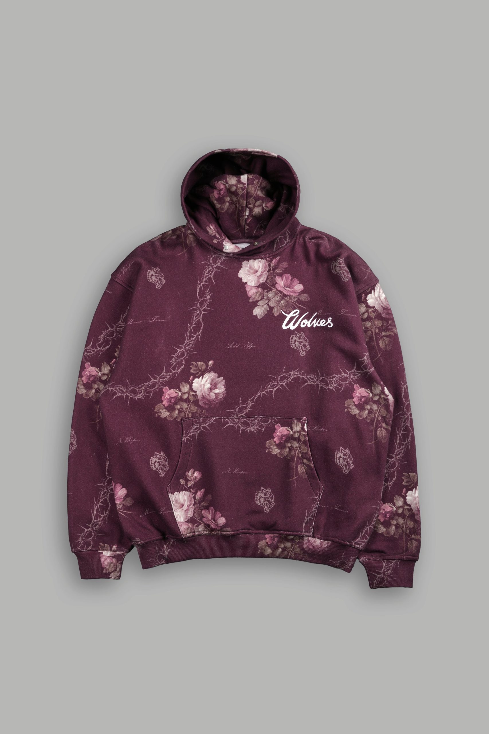 Wolves Script Pierce Hoodie in Cherry Wine Rose Thorn