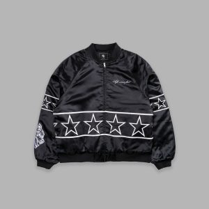 In The Stars Satin Bomber Zip Jacket in Black/White