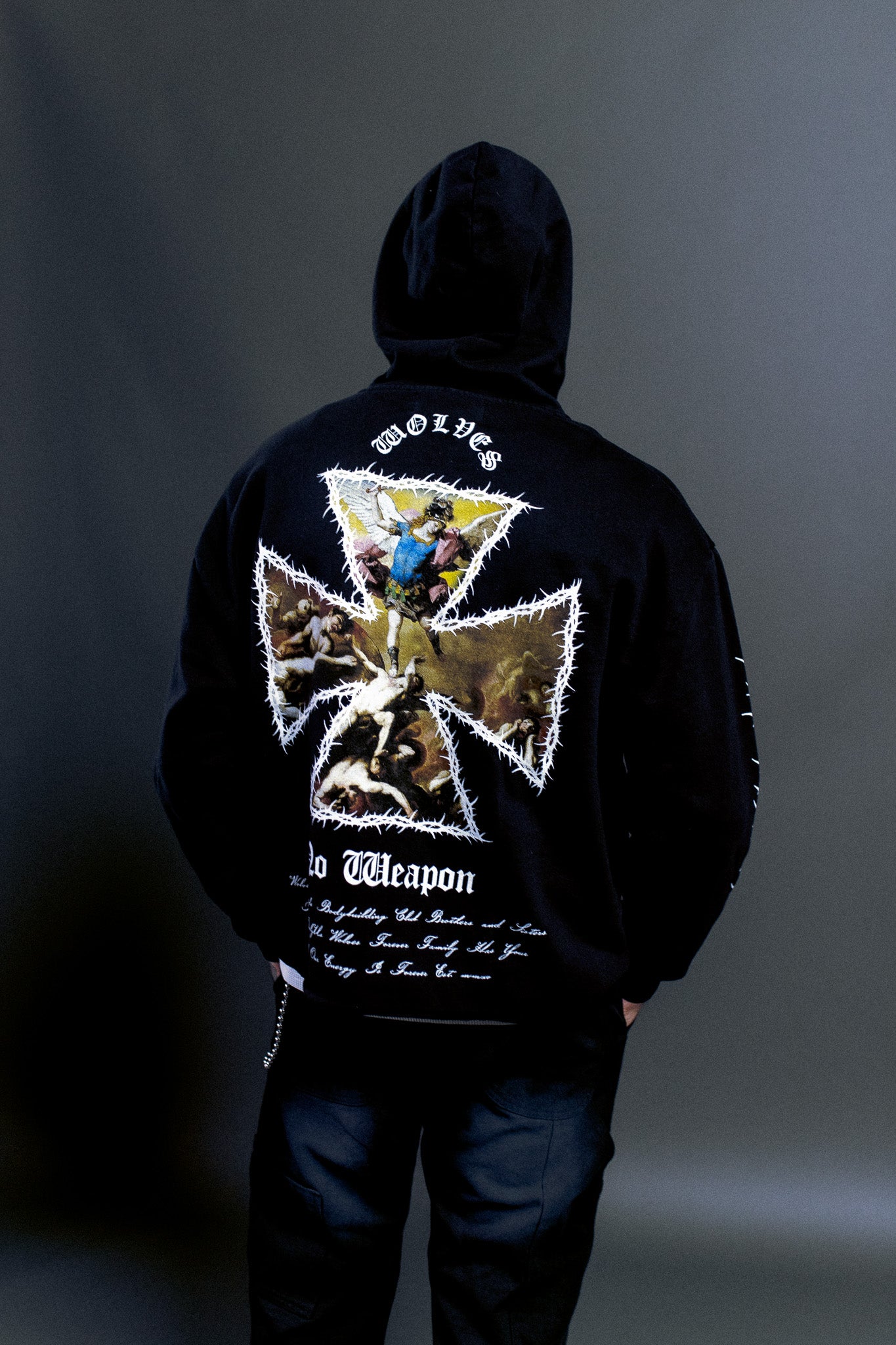 Ascend Distressed Grunge Mid Length Raw Hem Zip Hoodie in Black - Image 10