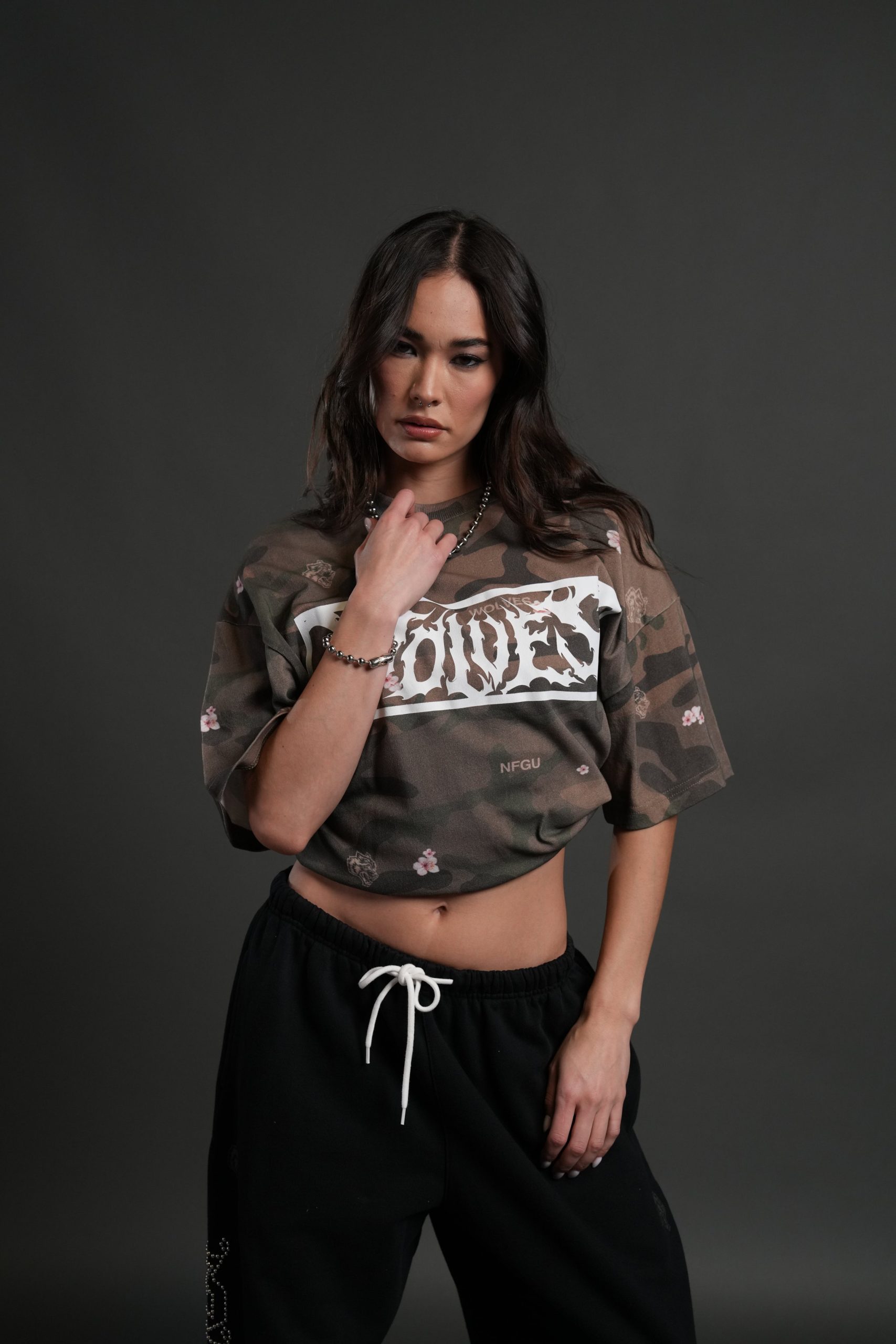 Midnight Wolves Unisex Premium Oversized Tee in Vintage Blossom Woodland Camo - Image 4