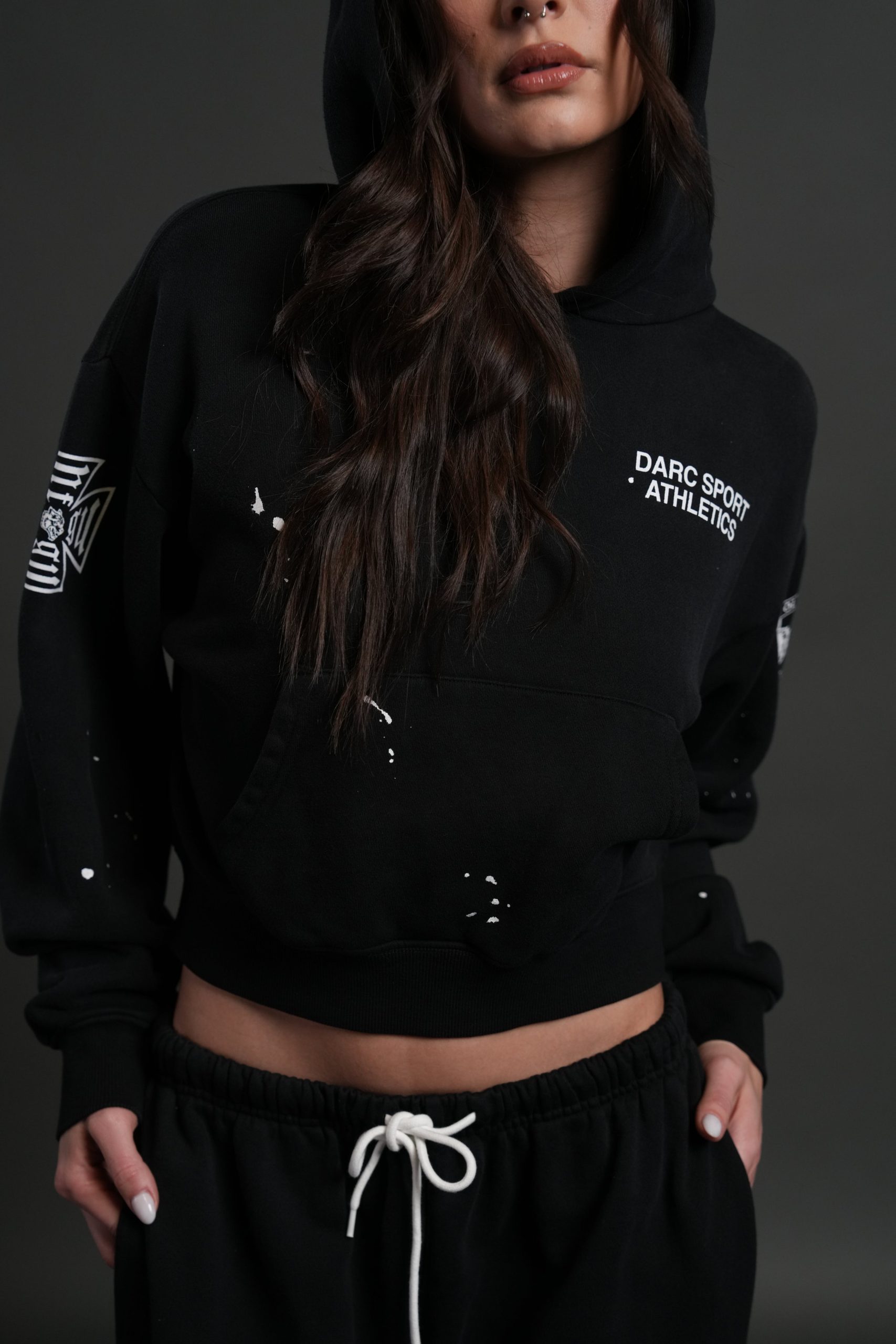 Darc Sport Athletics Owen Cropped Hoodie in Black Drift Wash - Image 3