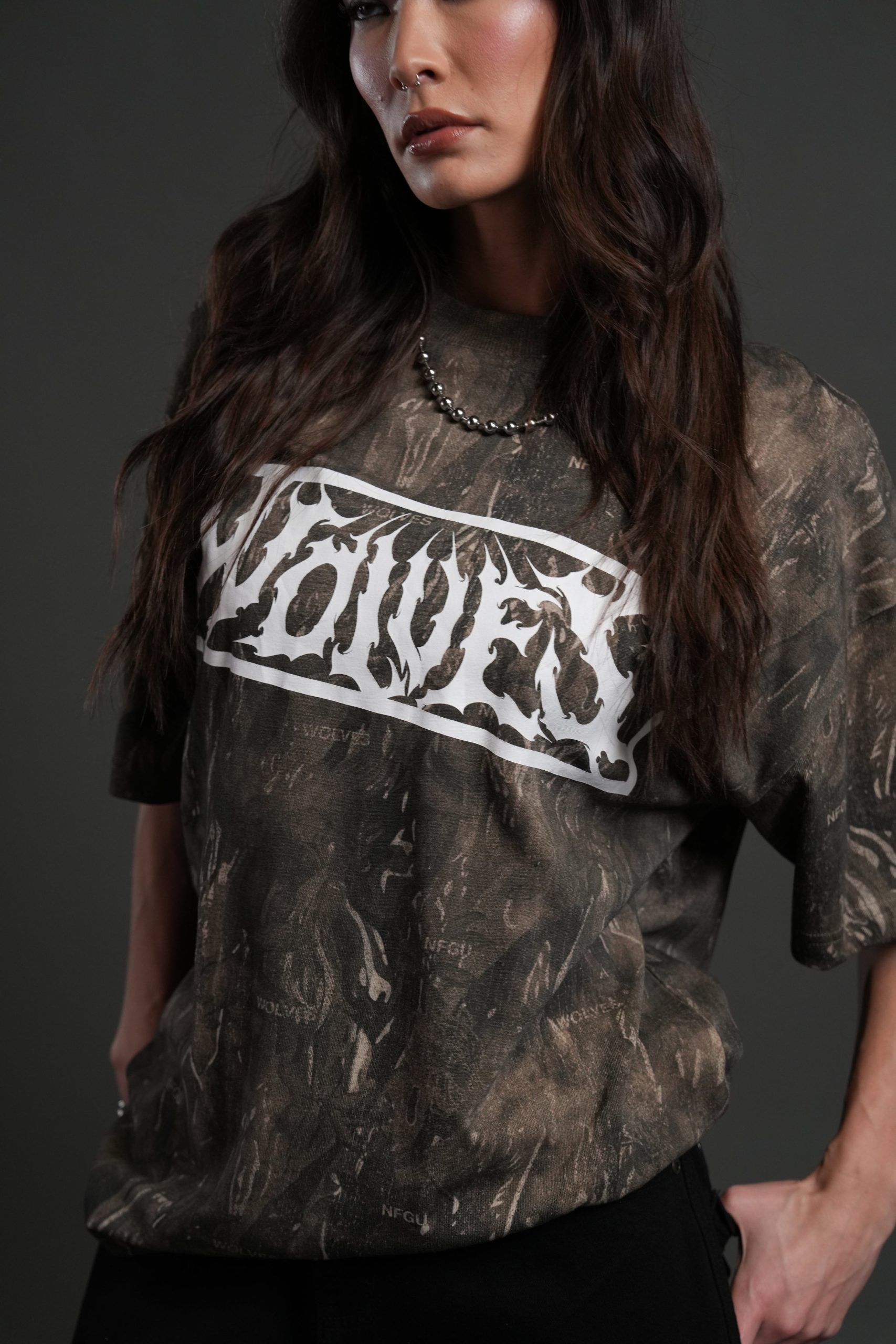 Midnight Wolves Unisex Premium Oversized Tee in Vintage Norse Camo - Image 7