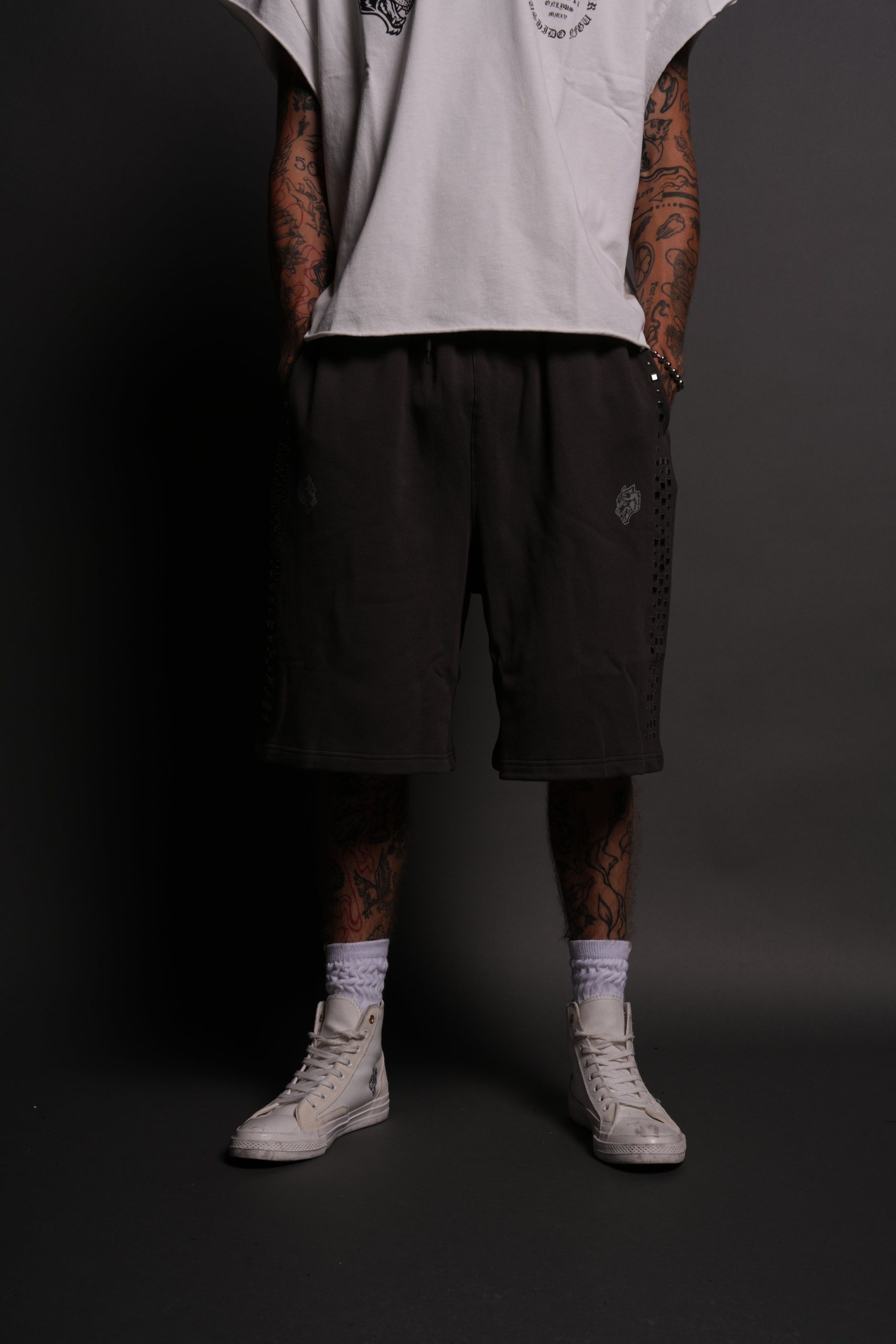 Dual Stud Oversized Osiris Sweat Shorts in Wolf Gray - Image 2