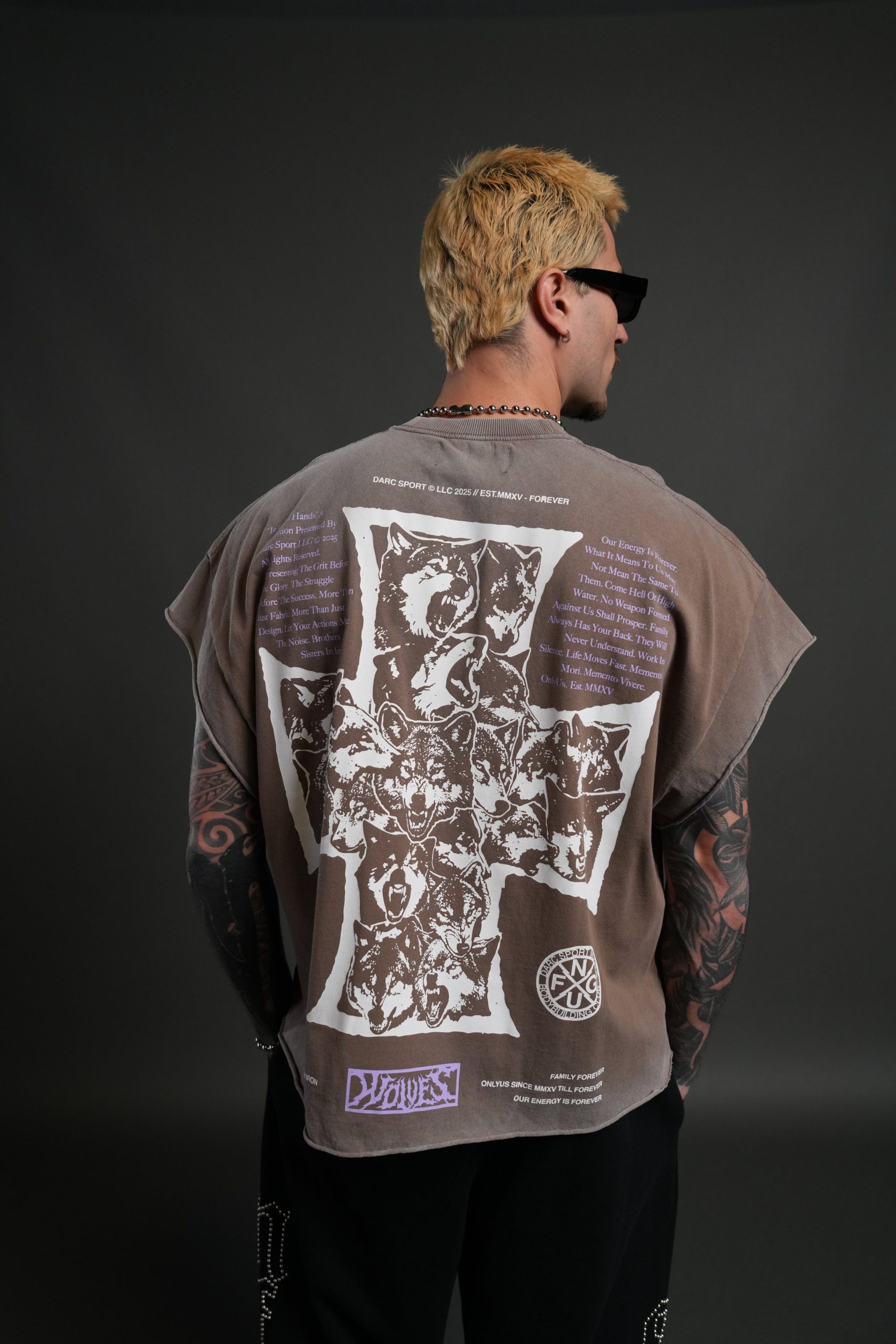 Iron Wolf Pack Grunge Cut-Off Tee in Mojave Brown - Image 4