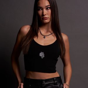 Single Wolf Spaghetti Crop Tank in Black