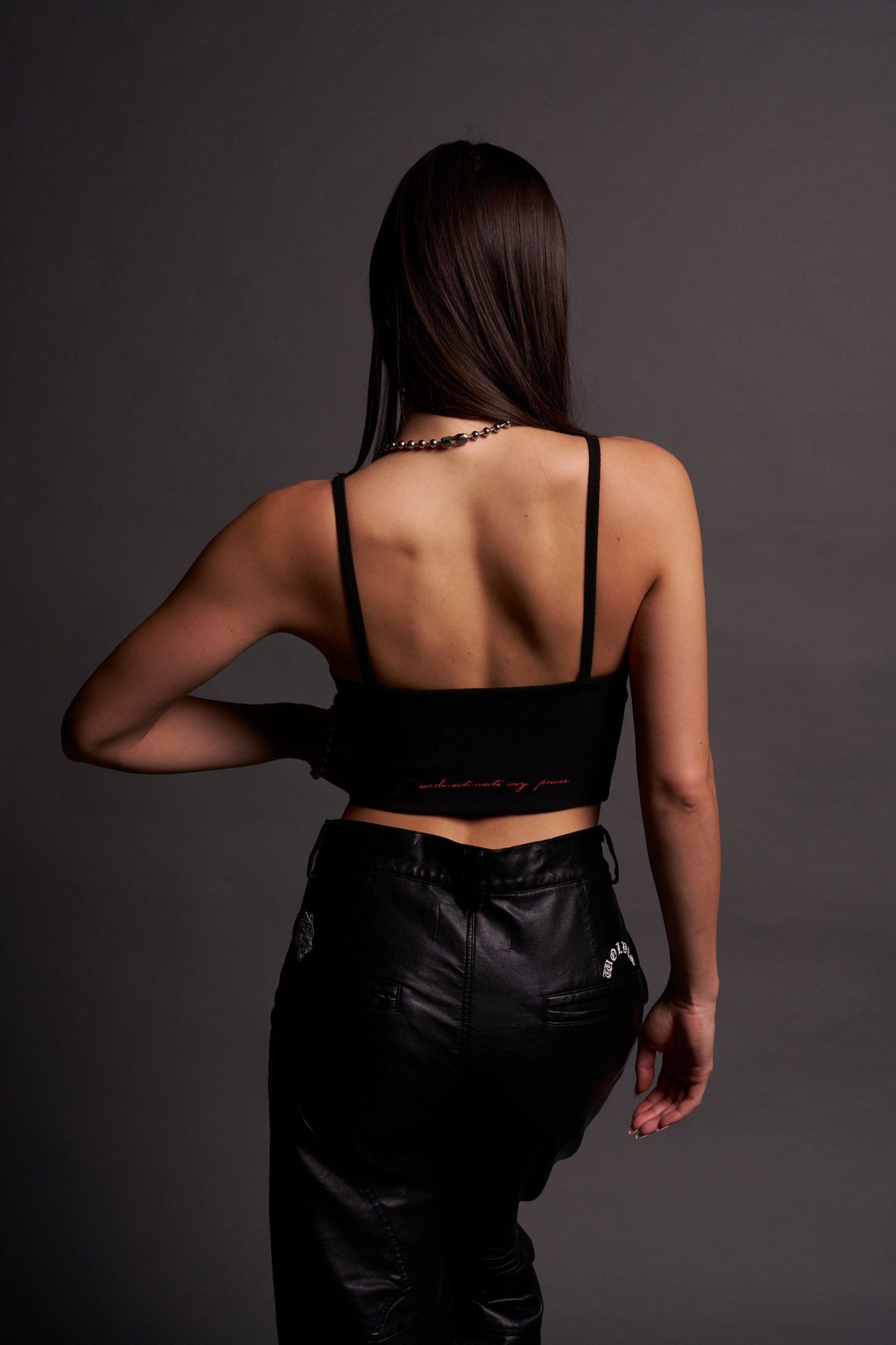 Single Wolf Spaghetti Crop Tank in Black - Image 2