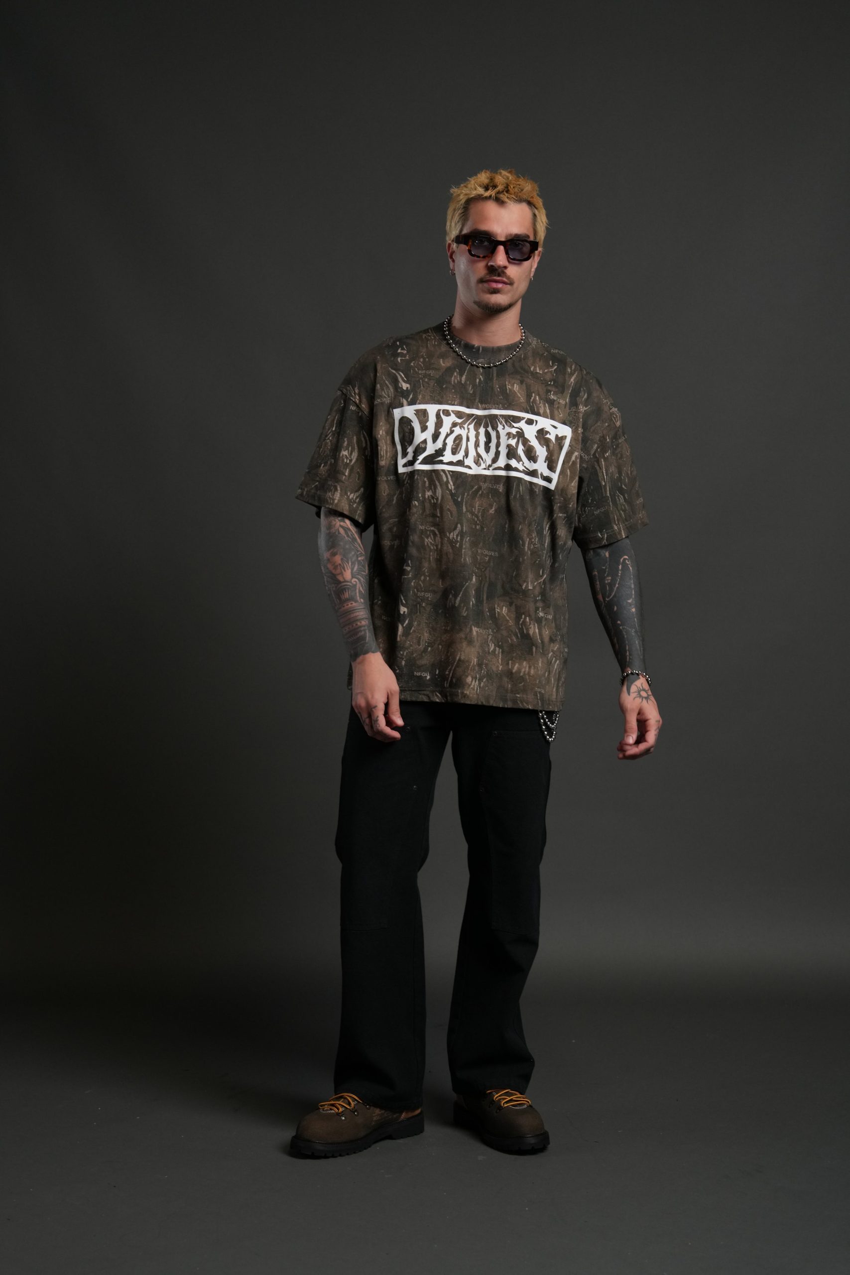 Midnight Wolves Unisex Premium Oversized Tee in Vintage Norse Camo - Image 3