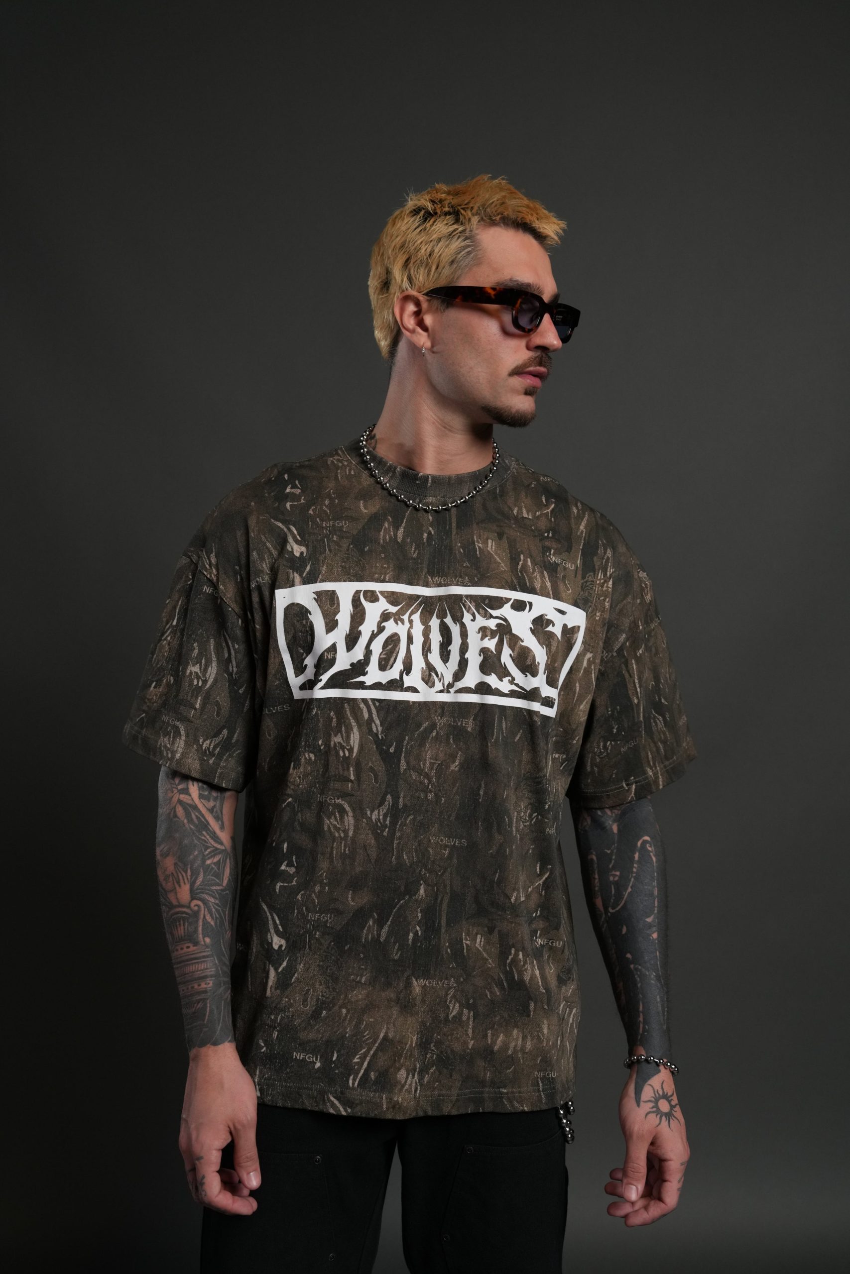 Midnight Wolves Unisex Premium Oversized Tee in Vintage Norse Camo - Image 2