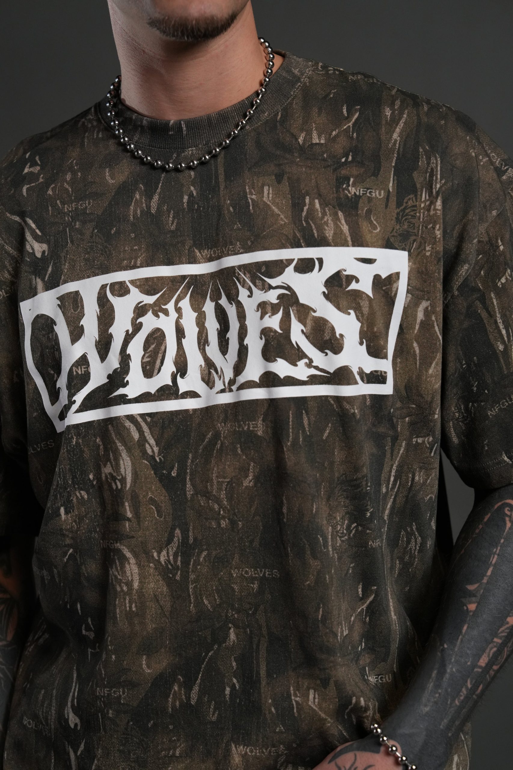 Midnight Wolves Unisex Premium Oversized Tee in Vintage Norse Camo - Image 4