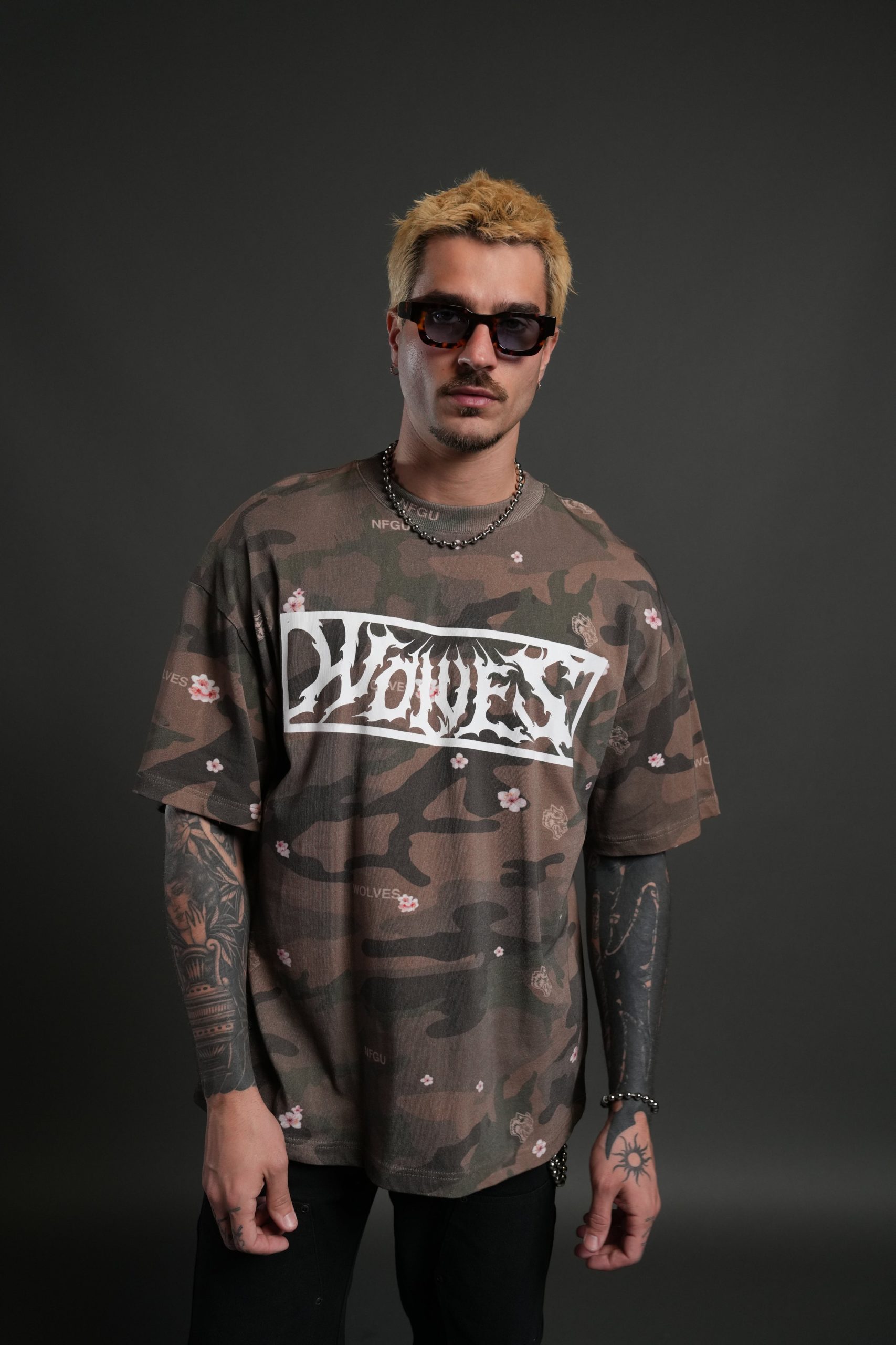 Midnight Wolves Unisex Premium Oversized Tee in Vintage Blossom Woodland Camo - Image 2