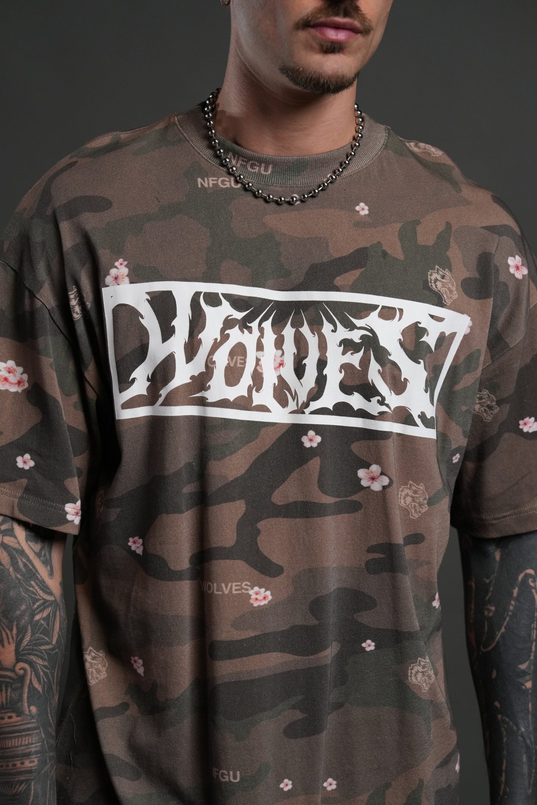 Midnight Wolves Unisex Premium Oversized Tee in Vintage Blossom Woodland Camo - Image 3