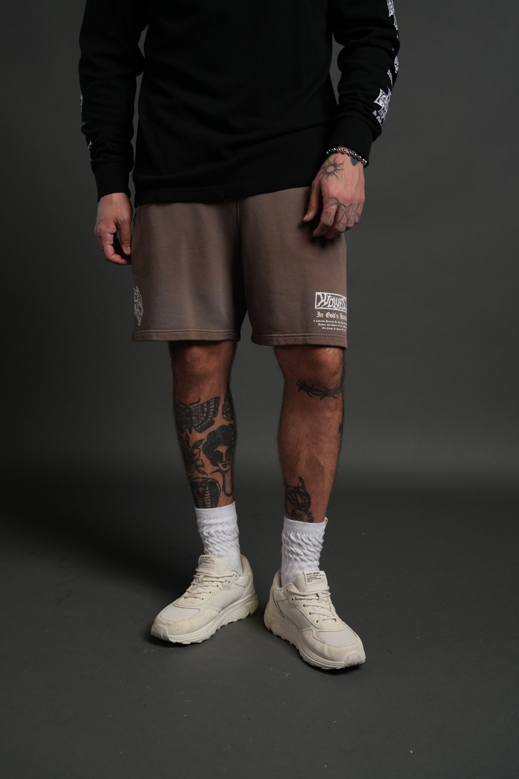 Studded Midnight Wolves Oversized Post Lounge Sweat Shorts in Mojave Brown Drift Wash - Image 2