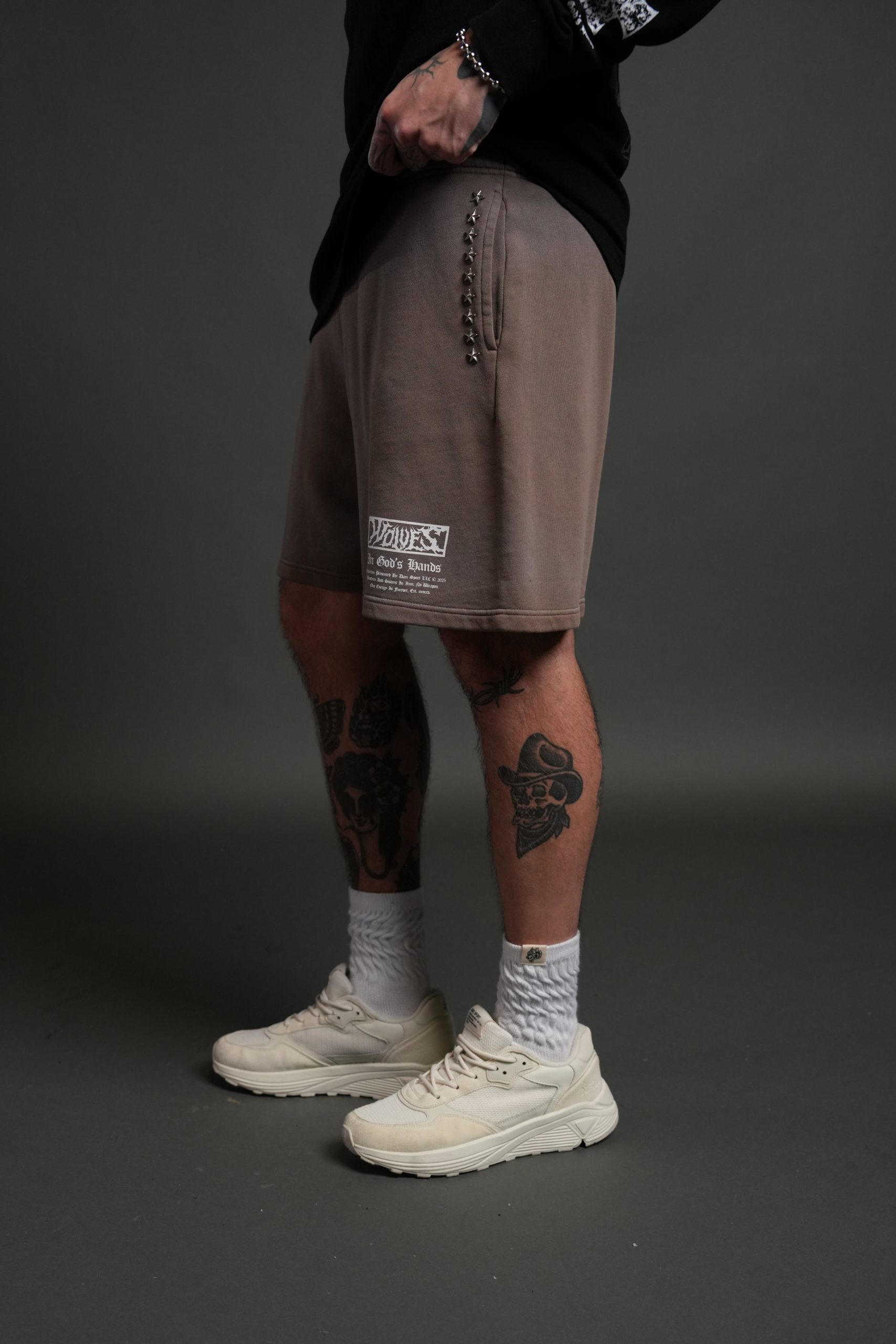 Studded Midnight Wolves Oversized Post Lounge Sweat Shorts in Mojave Brown Drift Wash - Image 4