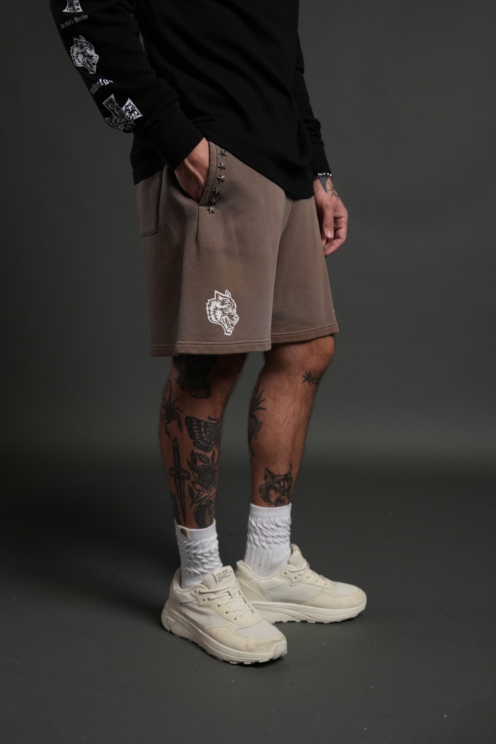 Studded Midnight Wolves Oversized Post Lounge Sweat Shorts in Mojave Brown Drift Wash - Image 5