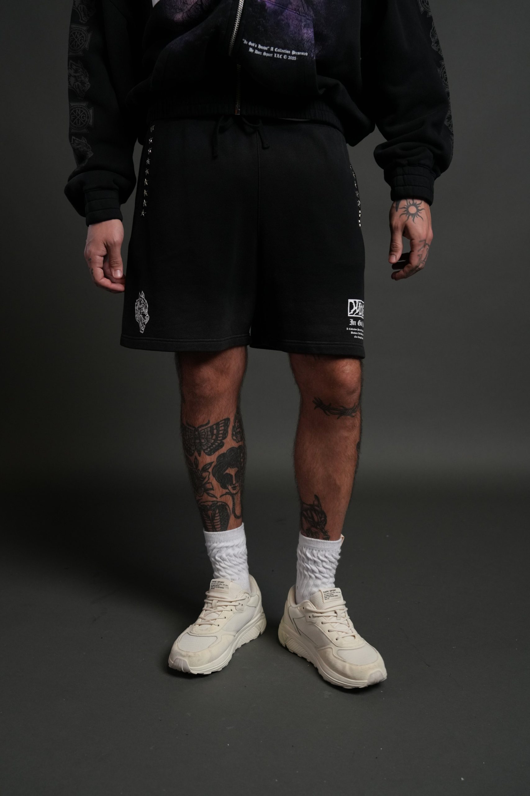 Studded Midnight Wolves Oversized Post Lounge Sweat Shorts in Black Drift Wash - Image 2