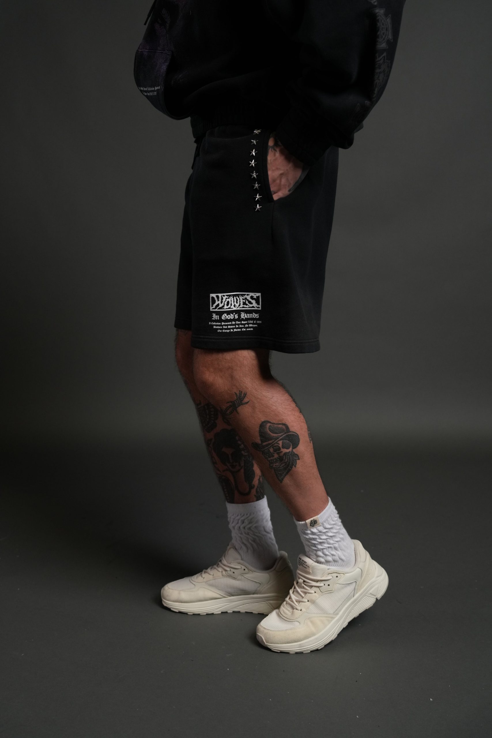 Studded Midnight Wolves Oversized Post Lounge Sweat Shorts in Black Drift Wash - Image 4