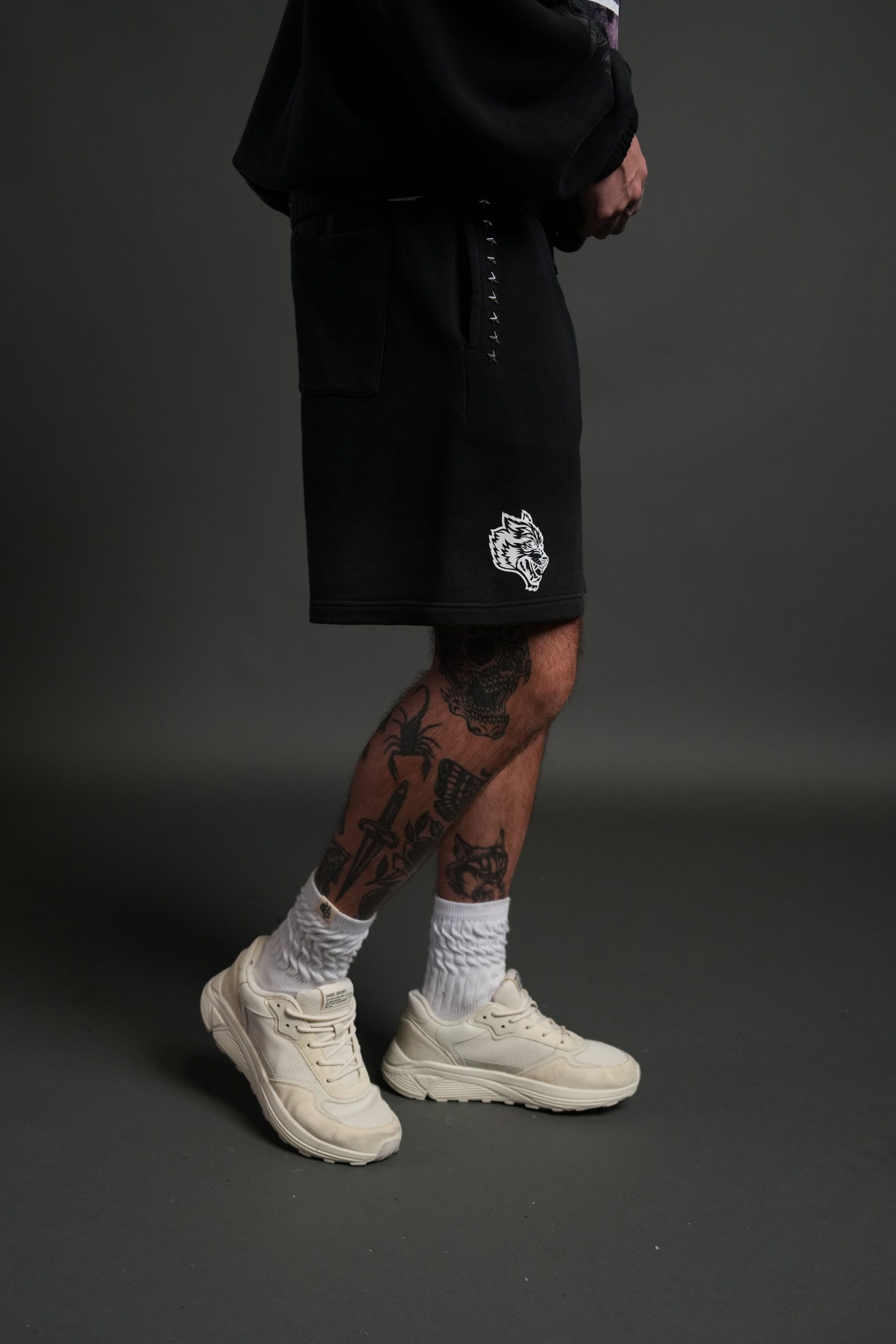 Studded Midnight Wolves Oversized Post Lounge Sweat Shorts in Black Drift Wash - Image 5