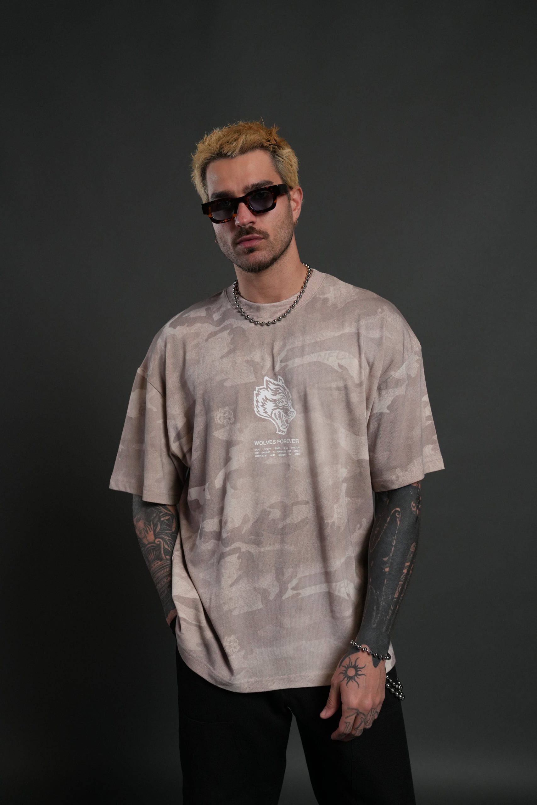 Wolves Have Your Back Unisex Premium Oversized Tee in Clay Vintage Woodland Camo - Image 2