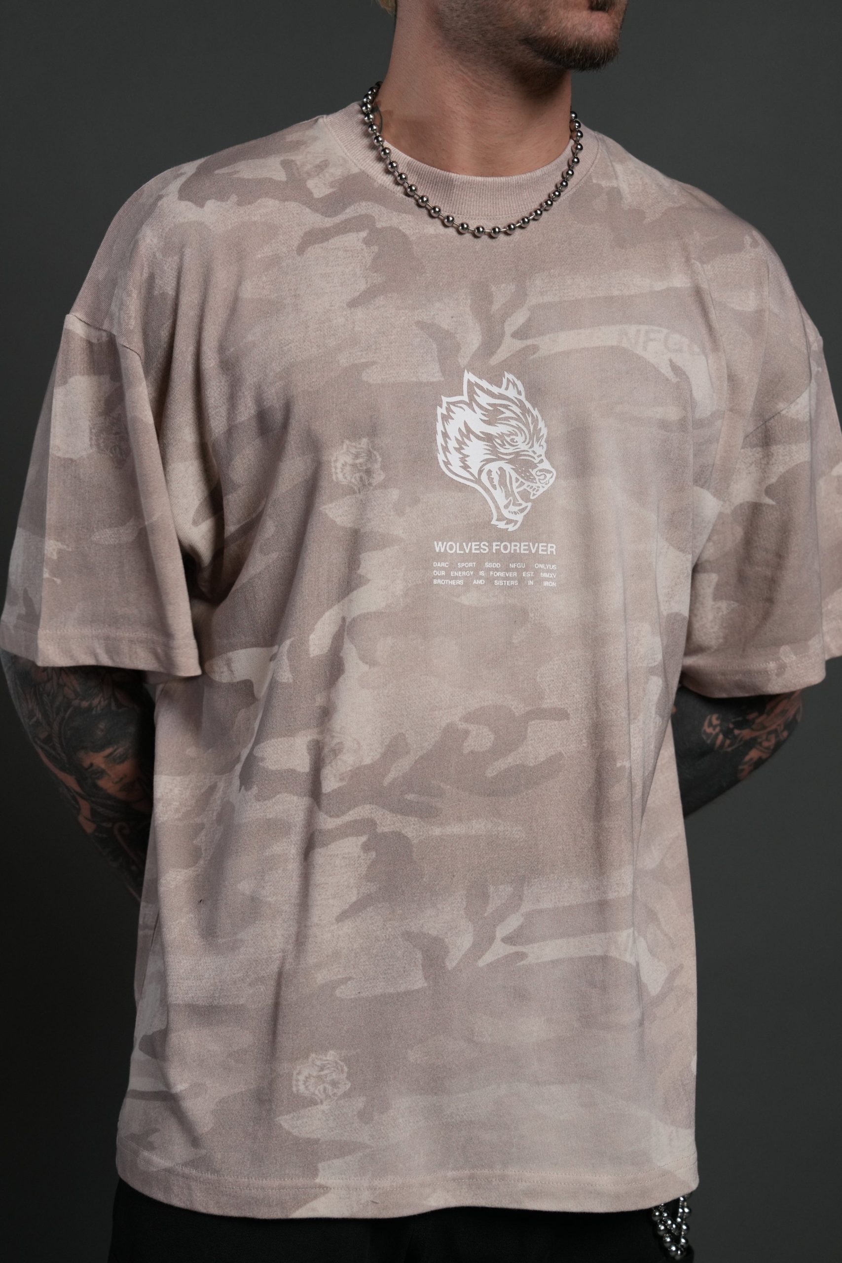 Wolves Have Your Back Unisex Premium Oversized Tee in Clay Vintage Woodland Camo - Image 5