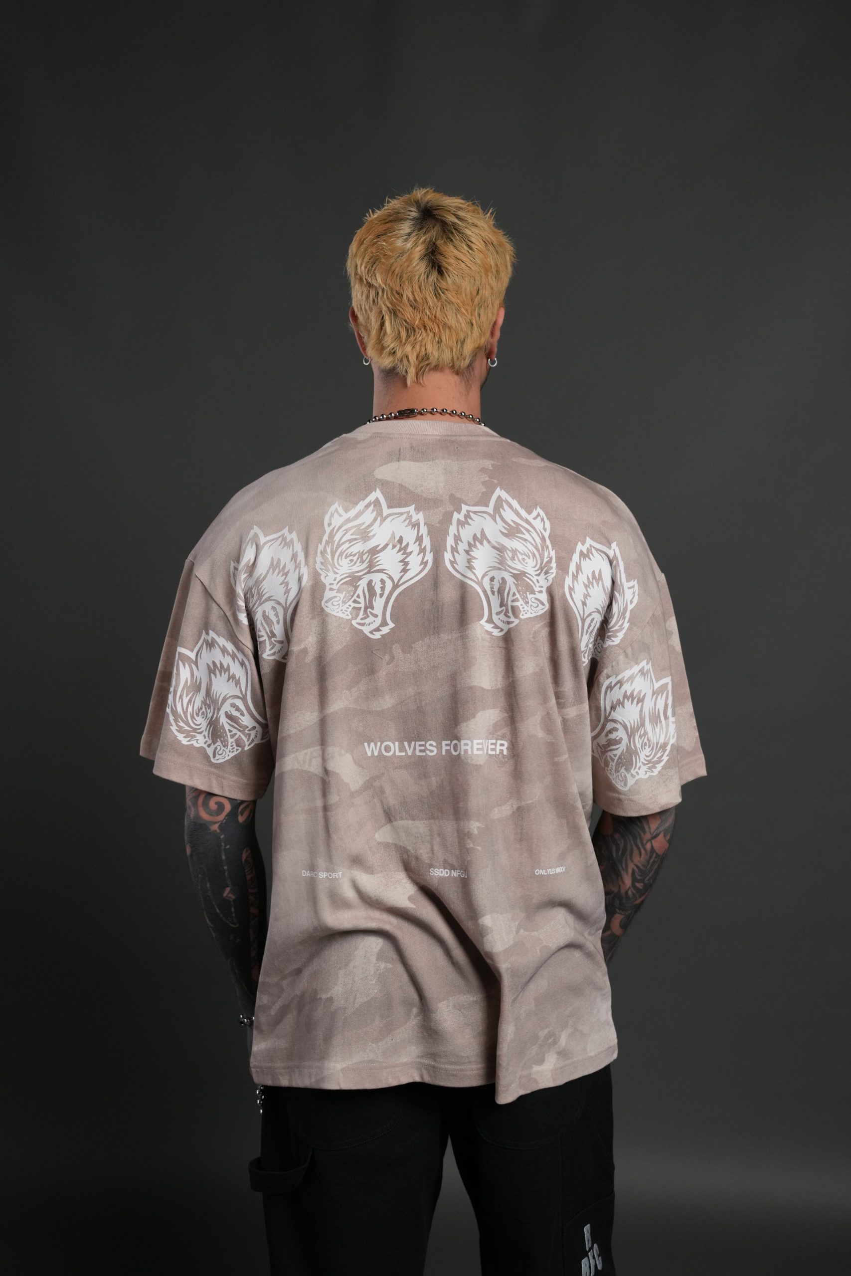 Wolves Have Your Back Unisex Premium Oversized Tee in Clay Vintage Woodland Camo - Image 4