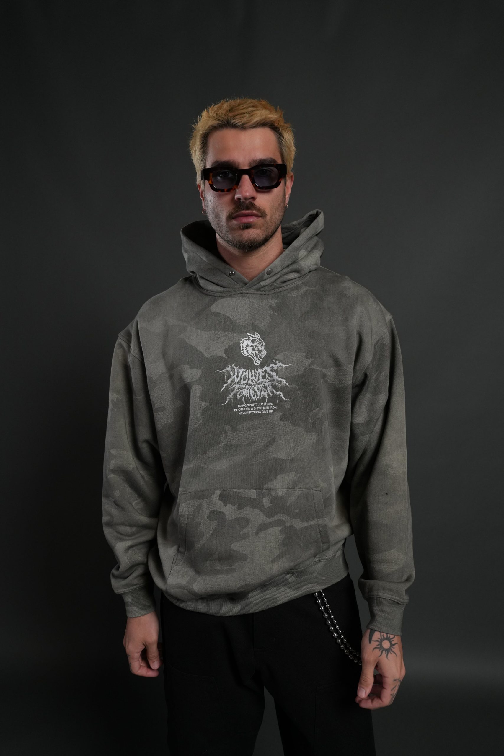 Drip Hesh WLVS FRVR Unisex Pierce Hoodie in Lush Vintage Woodland Camo - Image 4