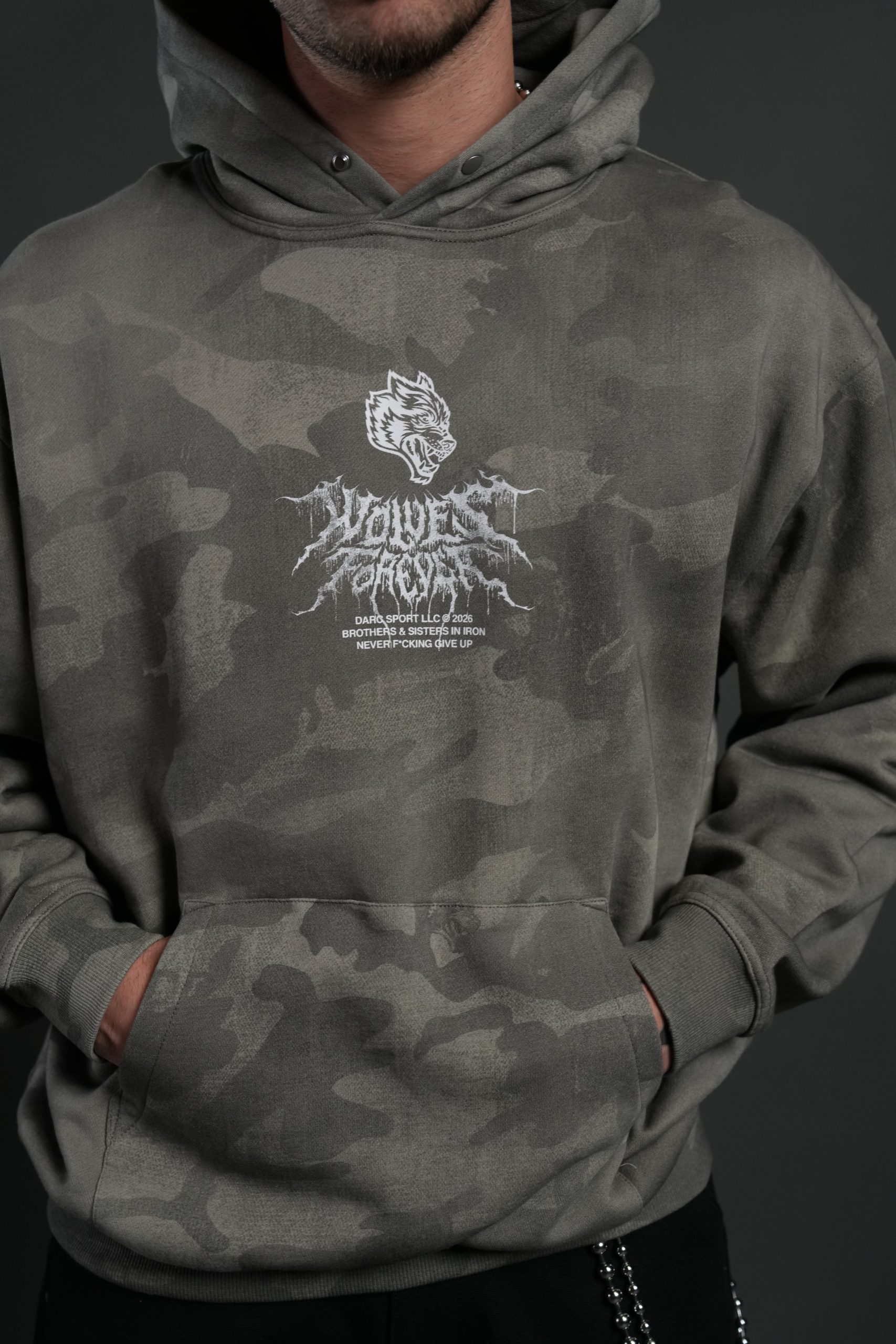 Drip Hesh WLVS FRVR Unisex Pierce Hoodie in Lush Vintage Woodland Camo - Image 5