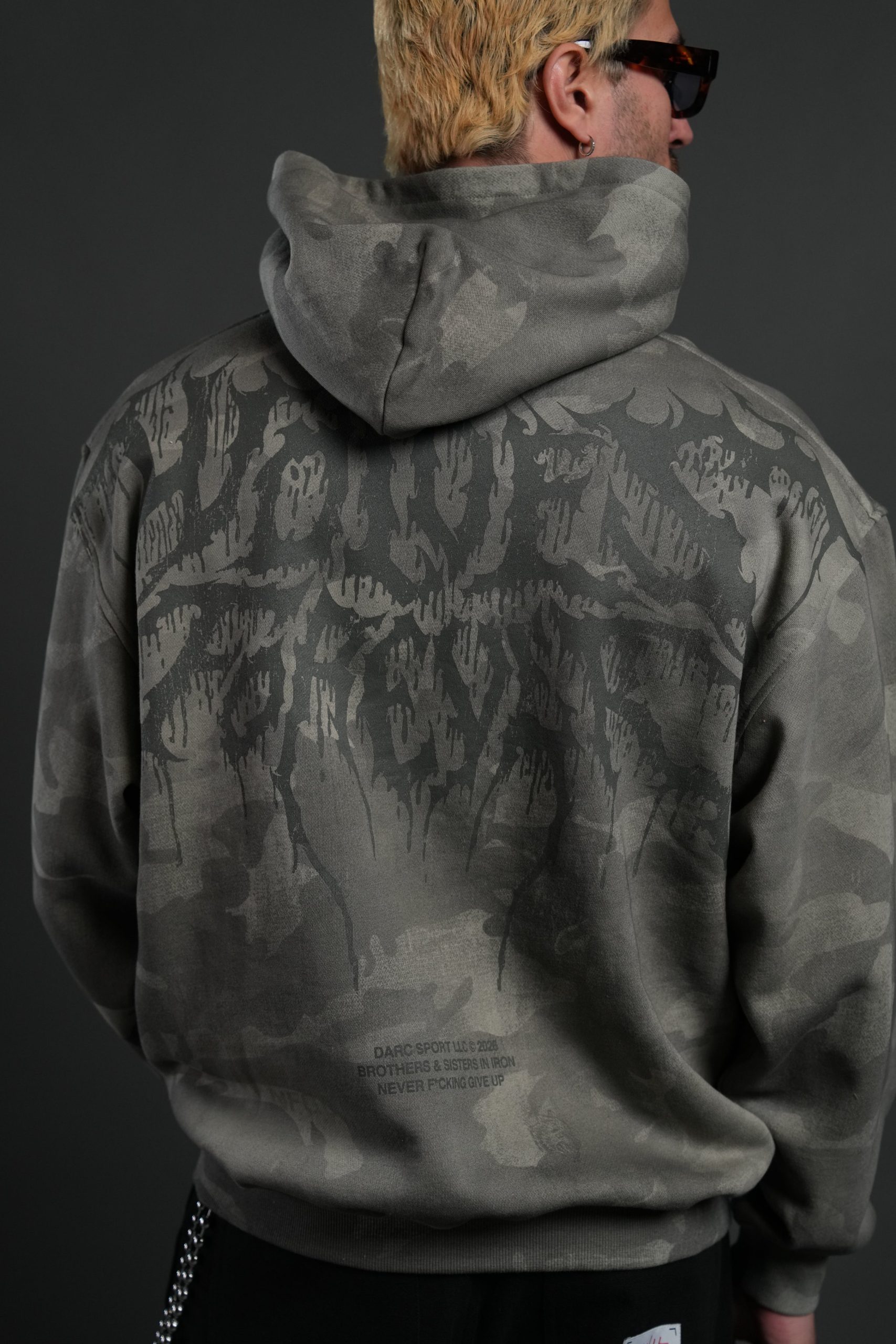 Drip Hesh WLVS FRVR Unisex Pierce Hoodie in Lush Vintage Woodland Camo - Image 6