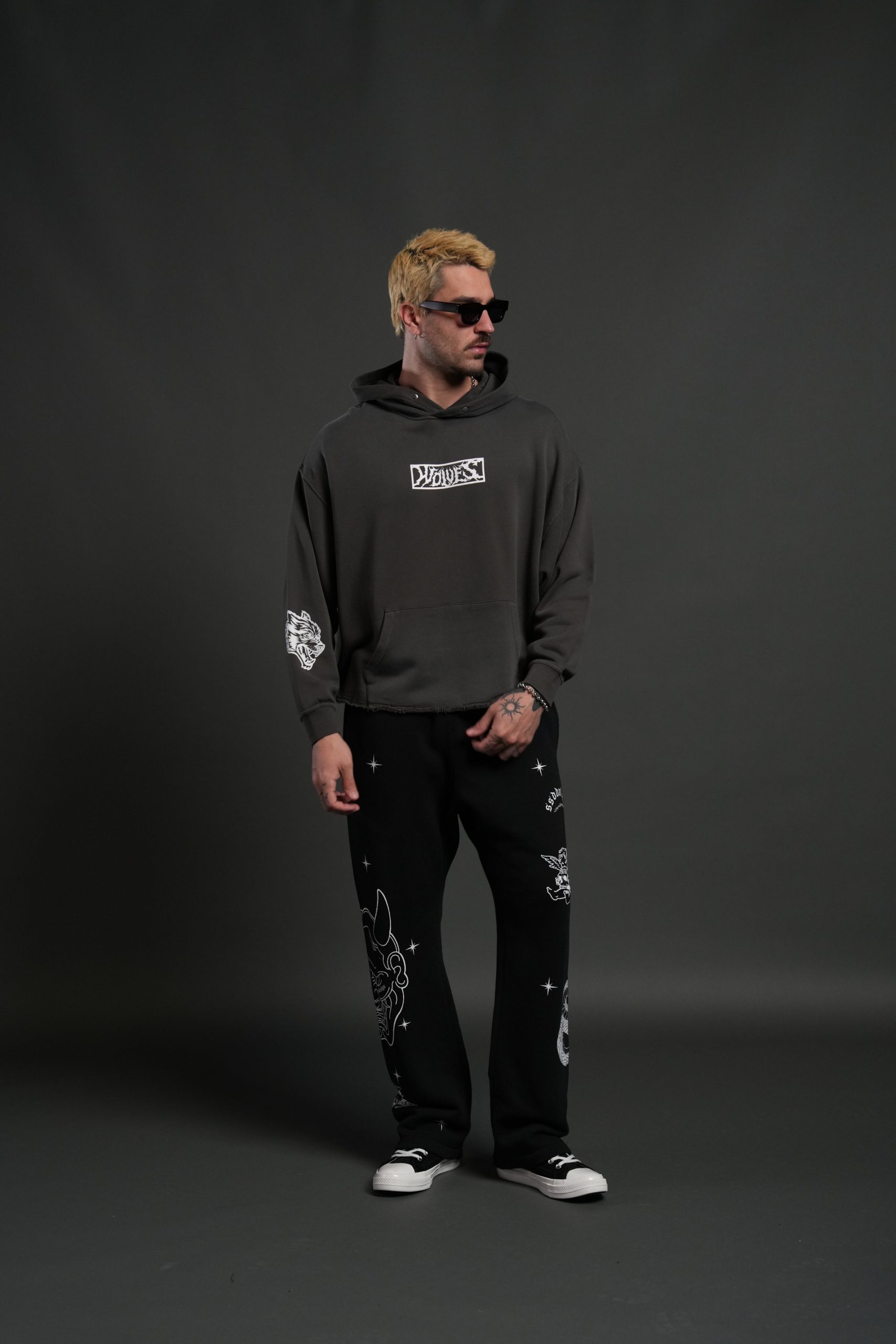 Midnight Wolves Raw Hem Box Cut Pierce Hoodie in Wolf Gray Drift Wash - Image 5