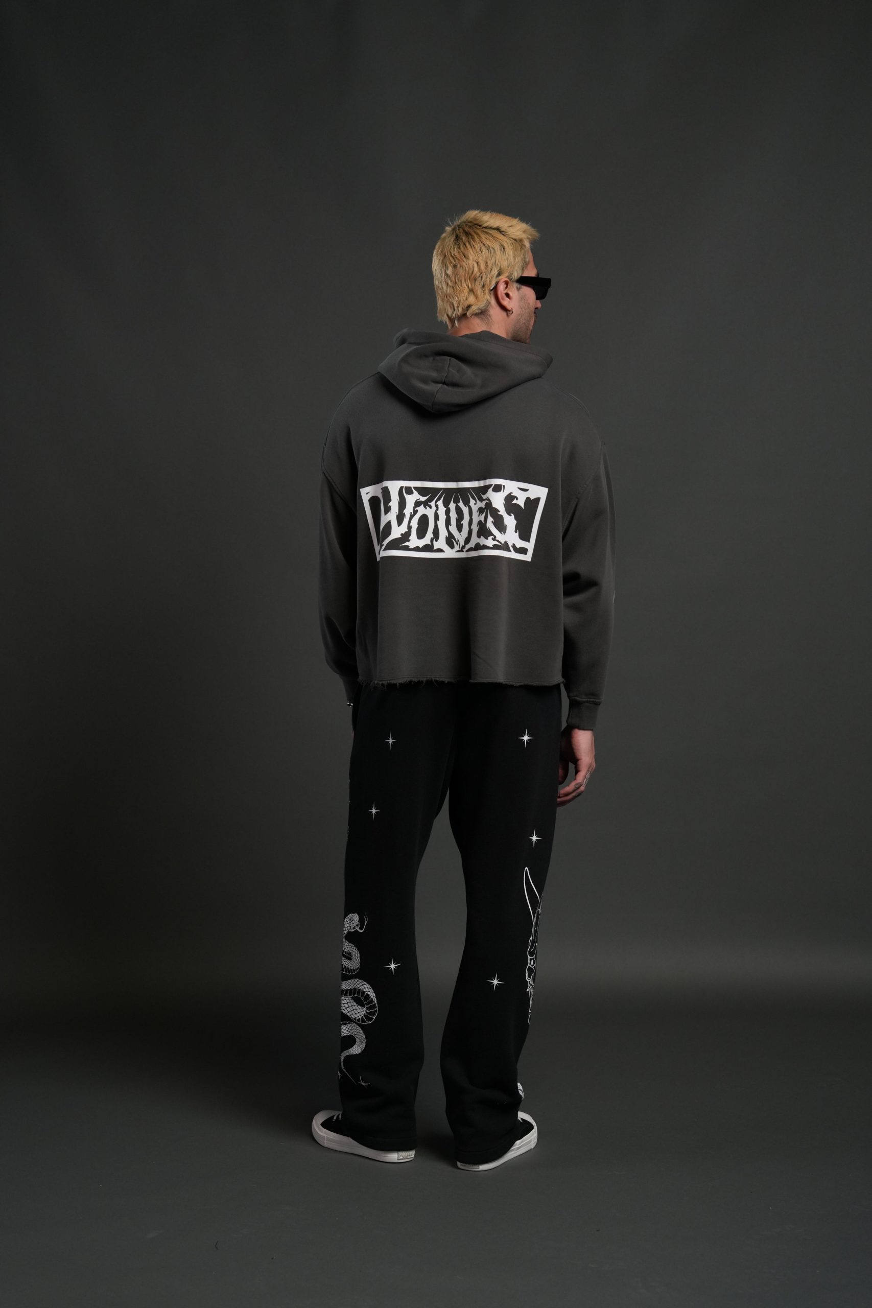 Midnight Wolves Raw Hem Box Cut Pierce Hoodie in Wolf Gray Drift Wash - Image 6
