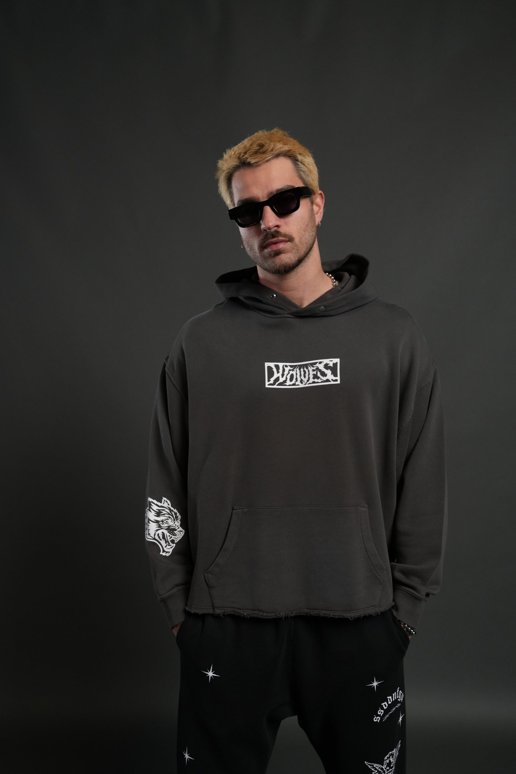 Midnight Wolves Raw Hem Box Cut Pierce Hoodie in Wolf Gray Drift Wash - Image 4