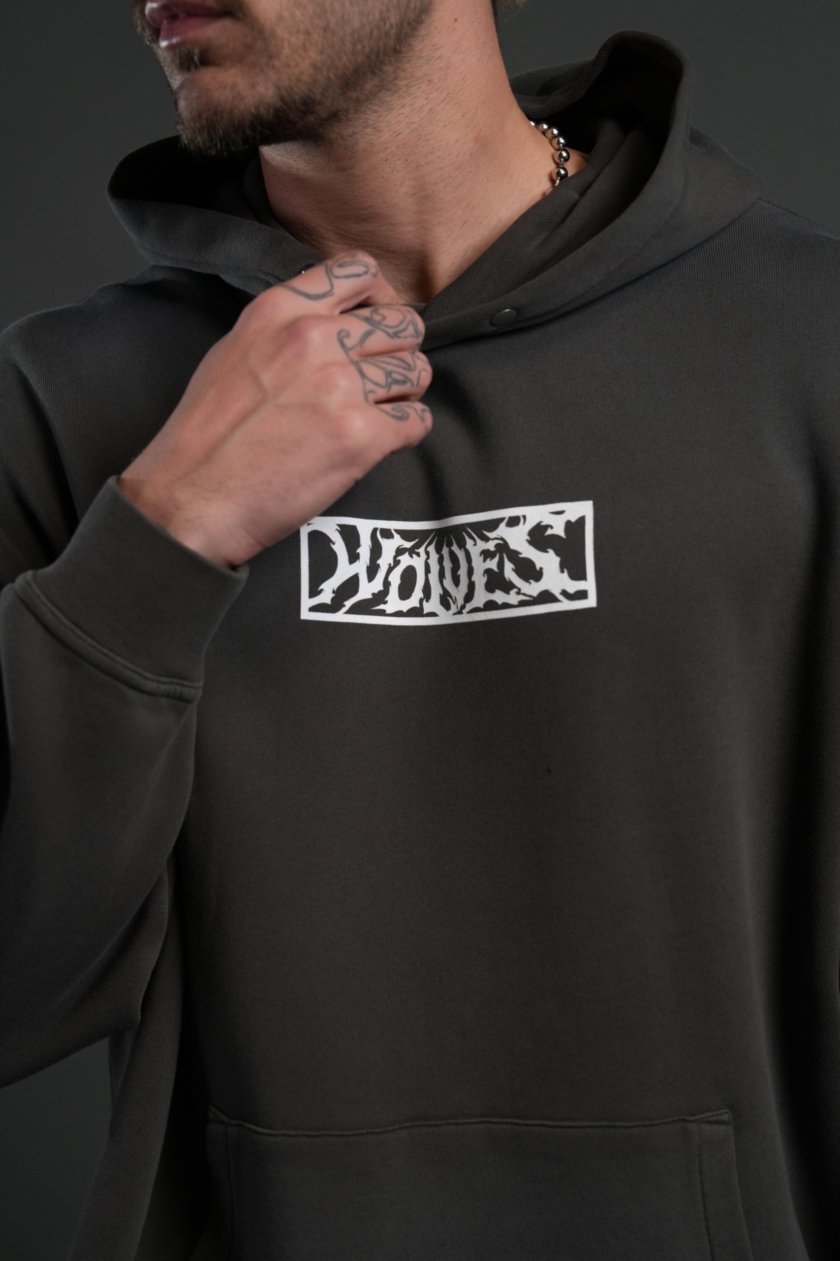 Midnight Wolves Raw Hem Box Cut Pierce Hoodie in Wolf Gray Drift Wash - Image 7