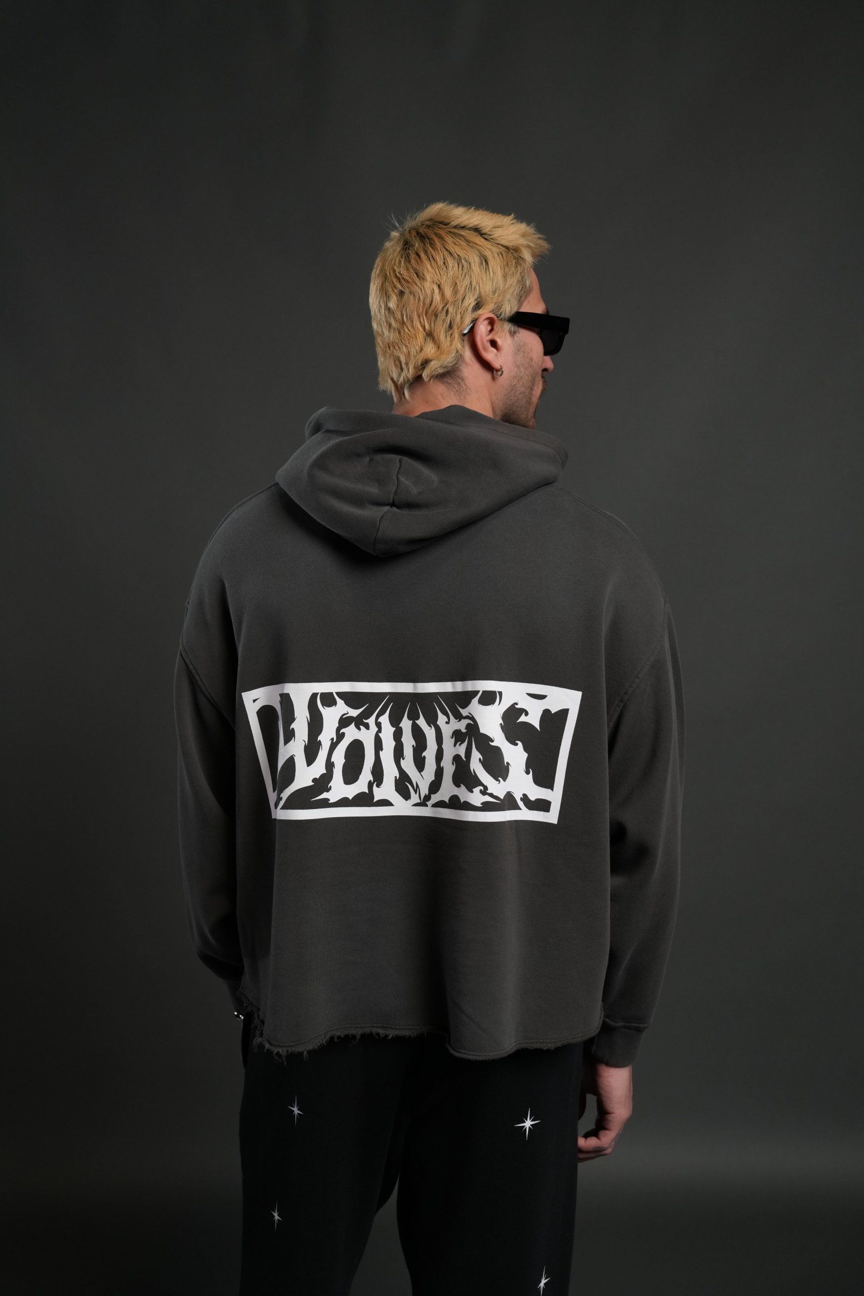 Midnight Wolves Raw Hem Box Cut Pierce Hoodie in Wolf Gray Drift Wash - Image 2