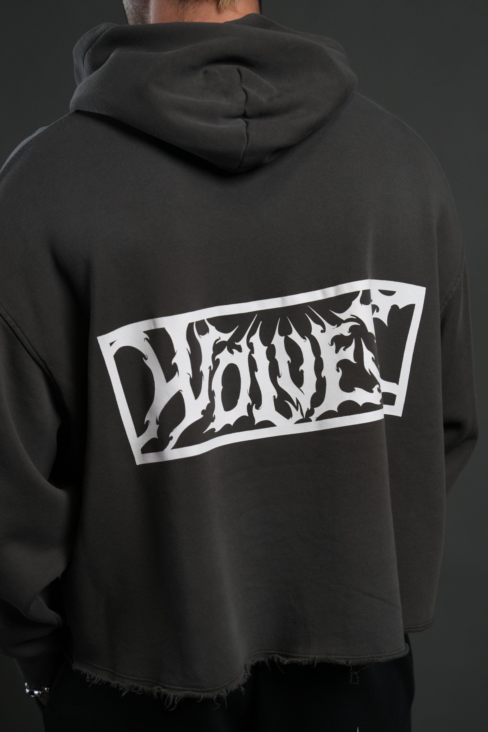Midnight Wolves Raw Hem Box Cut Pierce Hoodie in Wolf Gray Drift Wash - Image 8
