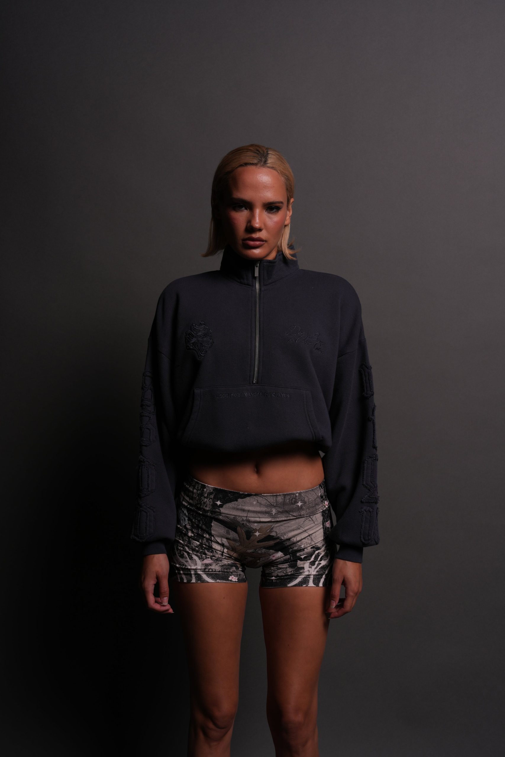 Our Mantra Appliqu?? Oversized Everson Mockneck in Midnight Blue
