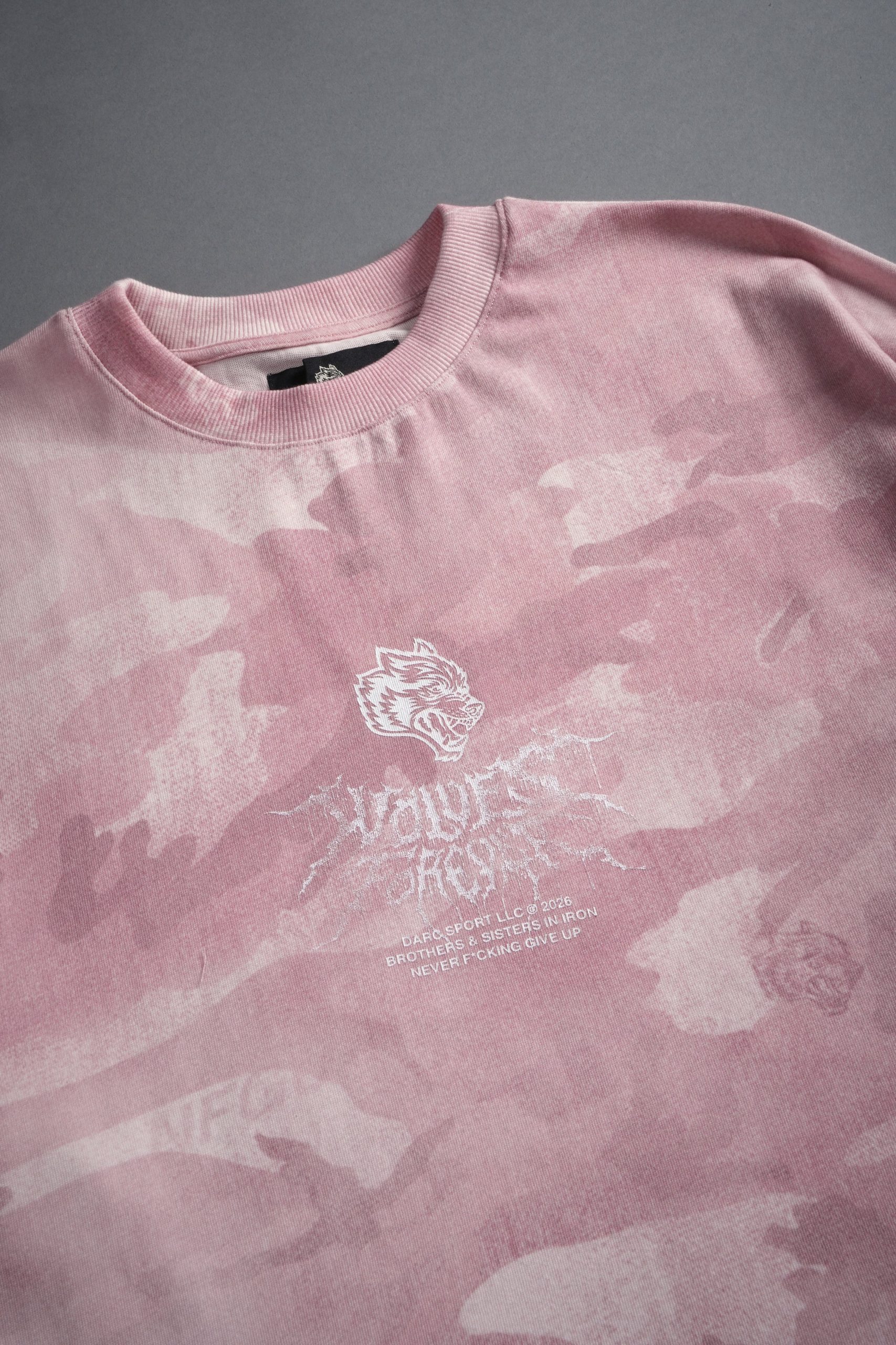 Drip Hesh WLVS FRVR Unisex Premium Oversized Tee in Blush Vintage Woodland Camo - Image 4
