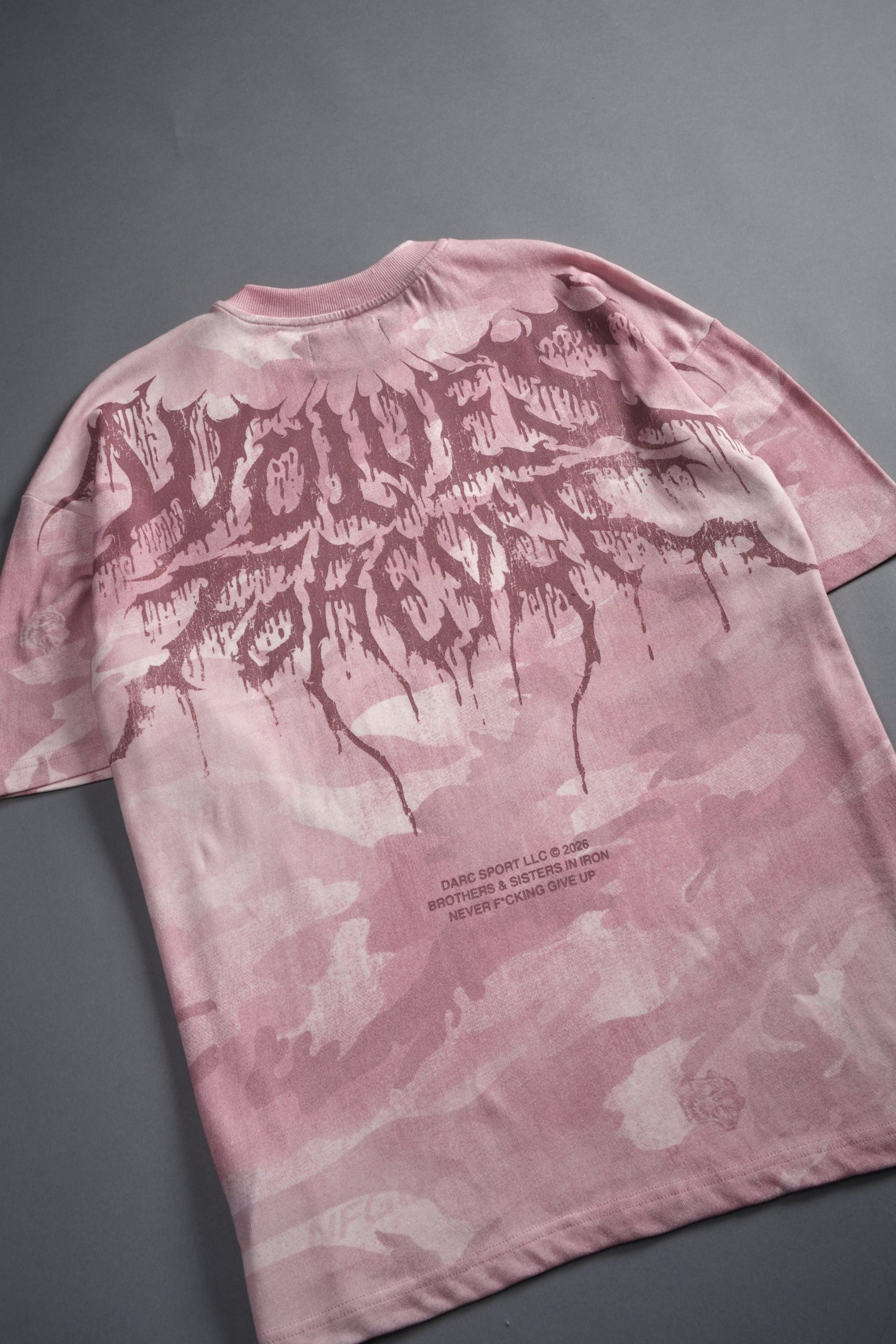Drip Hesh WLVS FRVR Unisex Premium Oversized Tee in Blush Vintage Woodland Camo - Image 5